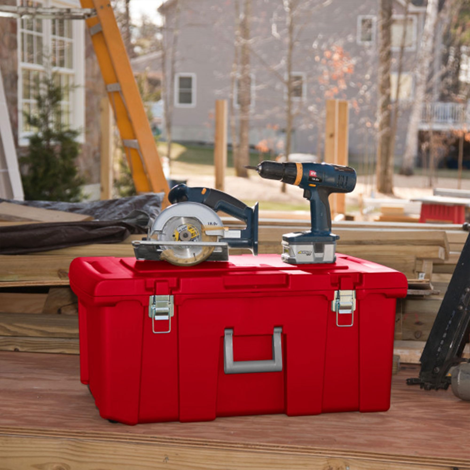 Sterilite 23 Gallon Lockable Storage Tote Footlocker Toolbox Container Box W/Wheels, Handles, Metal Hinges, & Latches, Infra Red