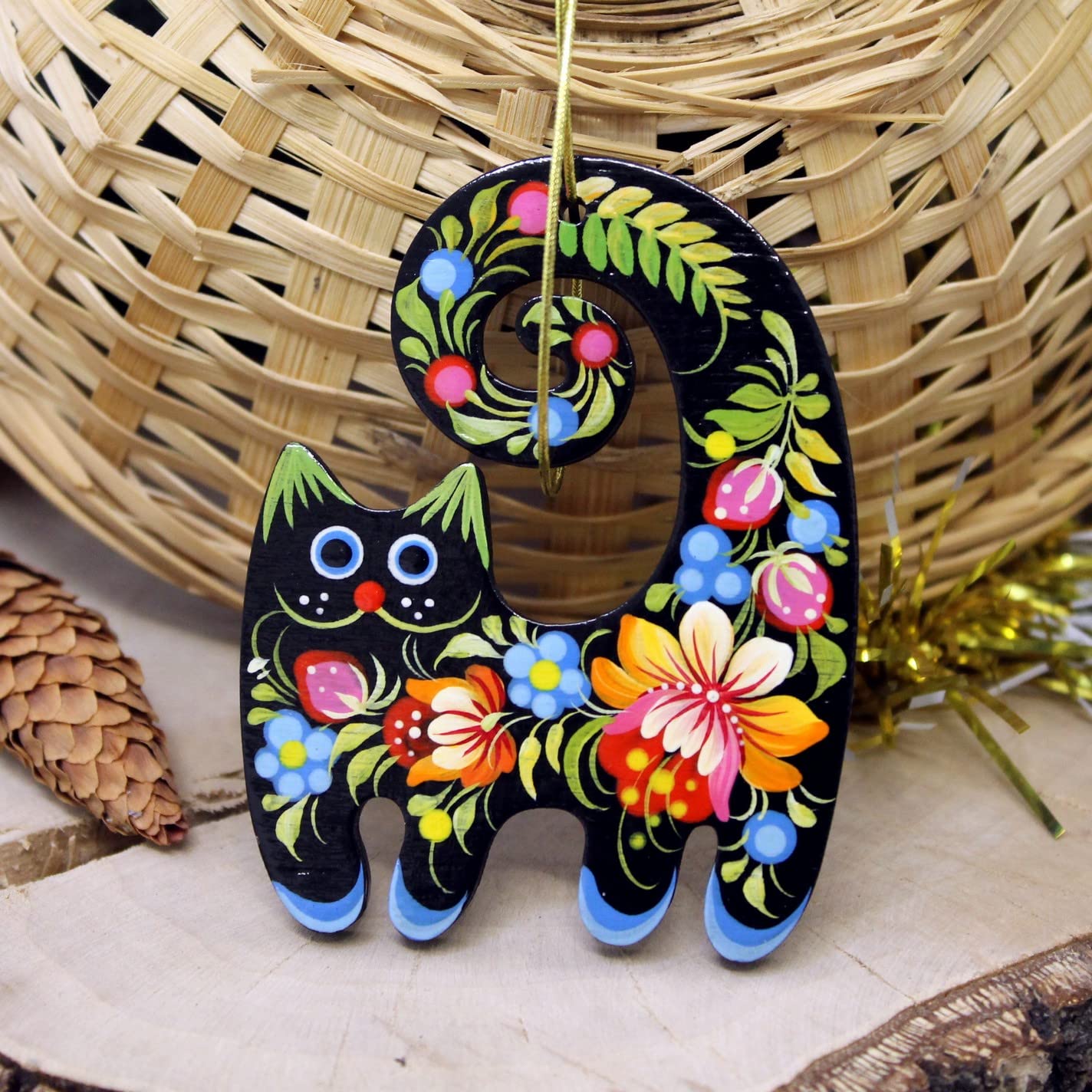 Black Cat Christmas Ornament Wooden Flat 3,3 ? 2,8 ? 0,2 Inch | 7 ? 8,5 ? 0,5 cm Floral Hand-painted on both Sides Cat lovers tr