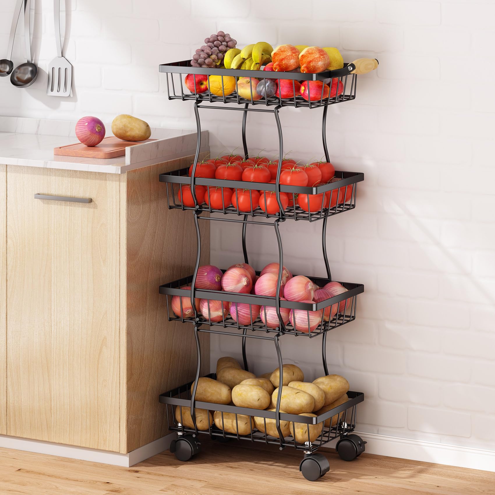 Fruit Vegetable Basket For Kitchen Organizers - 4 Tier Stackable Metal Wire Basket Stand, Black