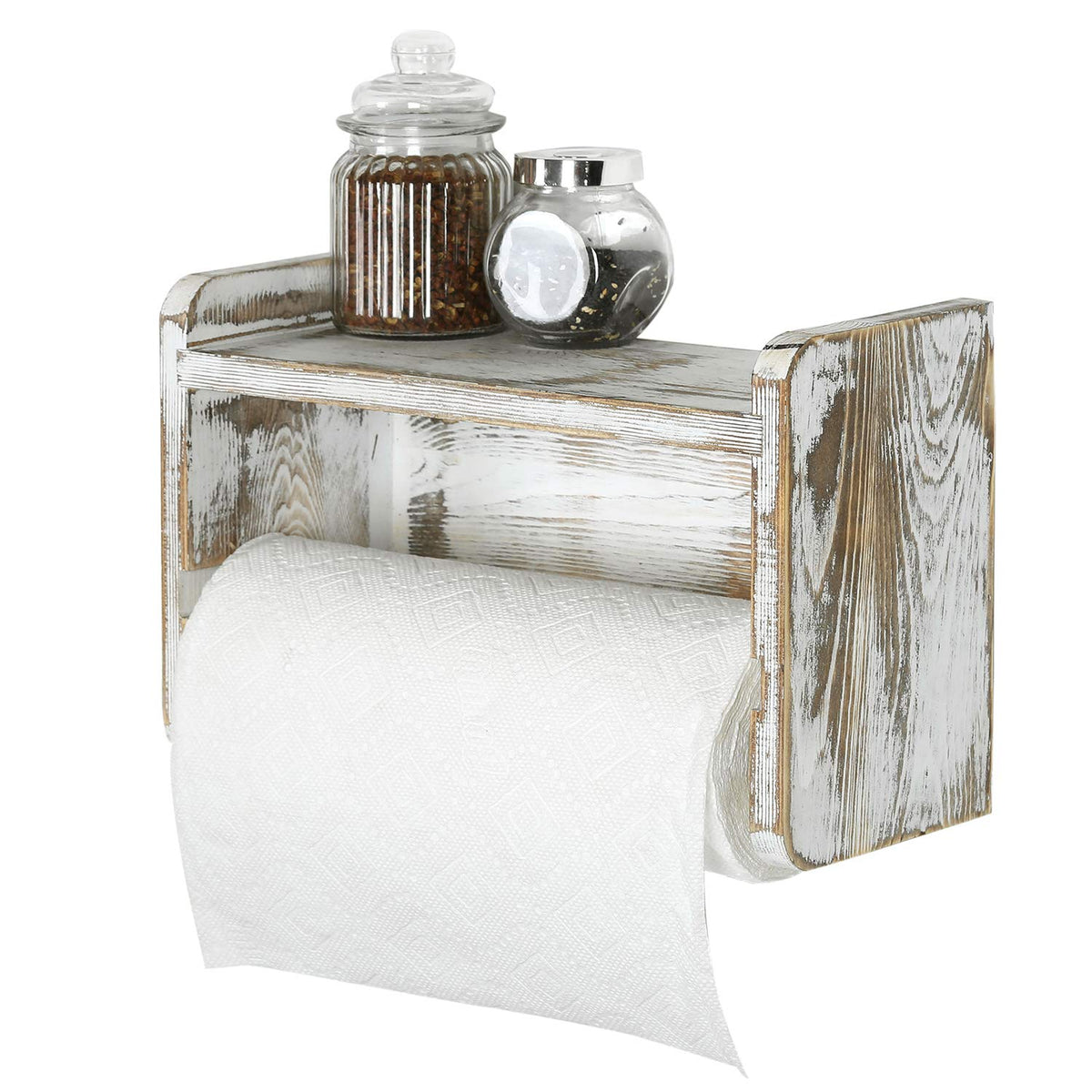 Mygift Paper Towel Roll Holder, Shabby Whitewashed Wood Farmhouse Wall Mounted Kitchen Napkin Dispenser Rack With Top Storage Sh