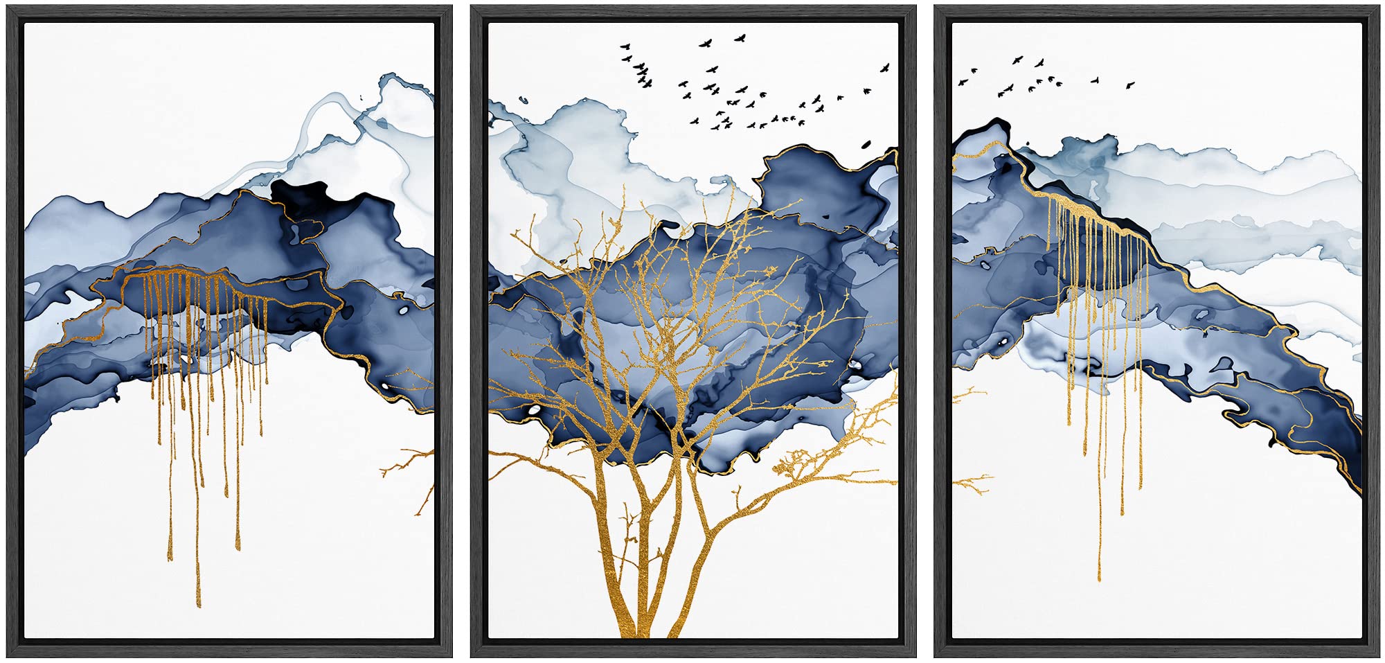 Wall26 Framed Canvas Print Wall Art Set Blue Pastel Paint Stroke Cloud Birds Gold Tree Nature Abstract Illustrations Modern Art