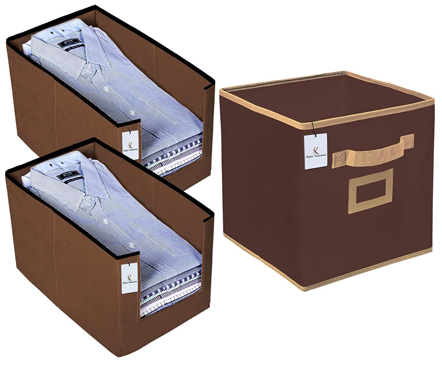Kuber Industries Non Woven 2 Piece Shirt Stacker Wardrobe Organizer And 1 Piece Large Foldable Storage Organiser Cubes/Boxes (Pi