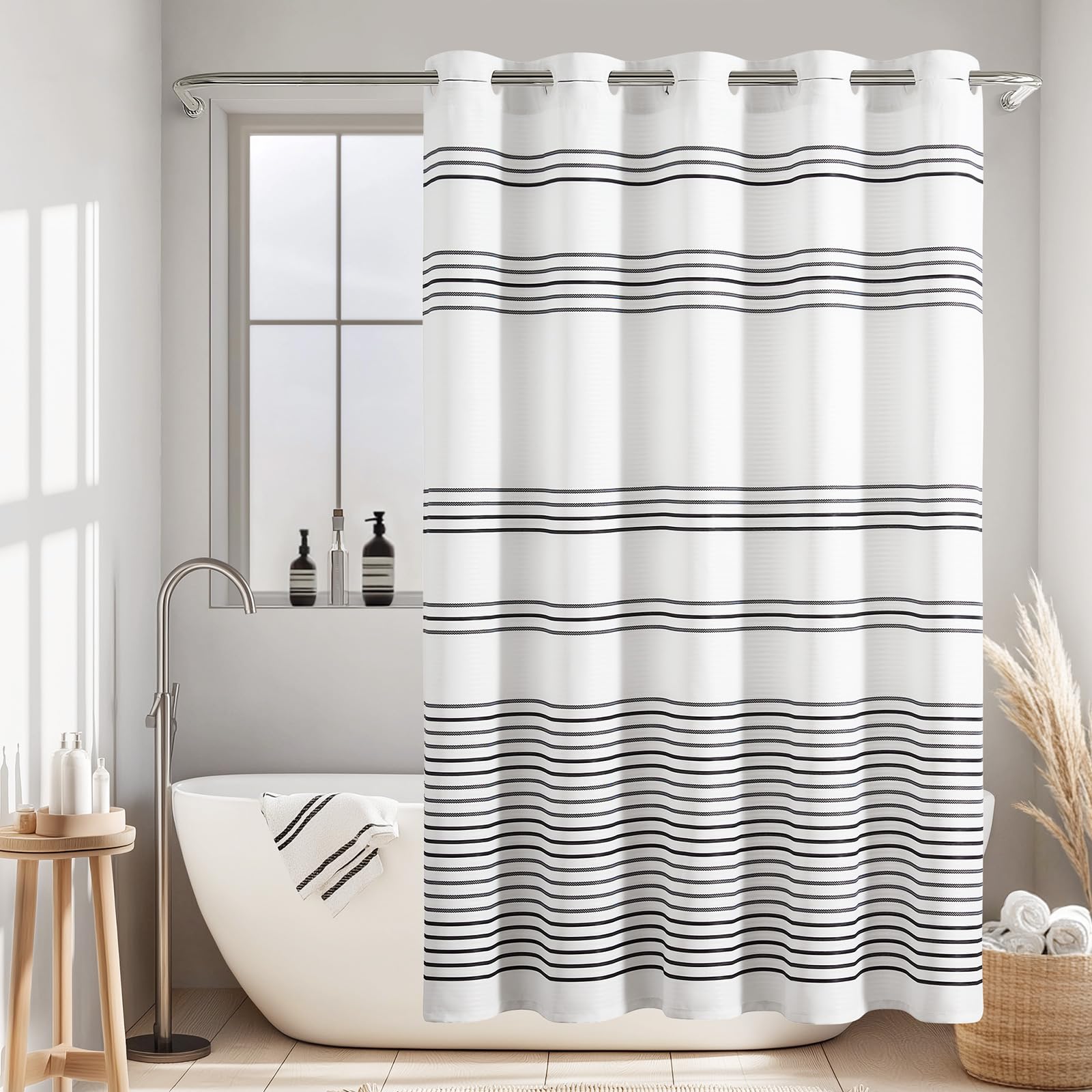jinchan Hookless Shower Curtain Black and White Striped Waterproof Fabric Shower Curtains for Bathroom Hotel Spa Modern Elegant 