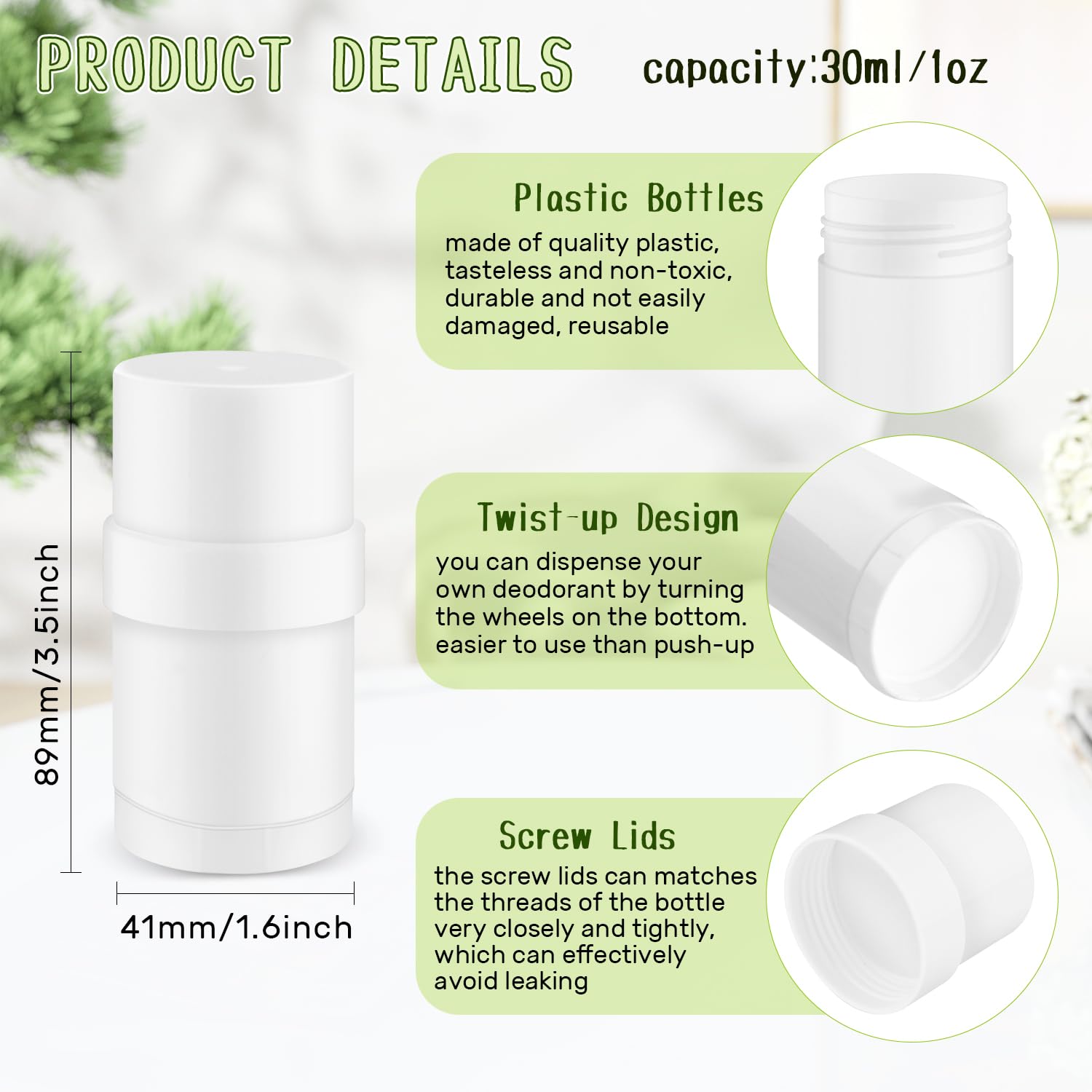 Glasstore 15 Pcs Plastic White Empty Deodorant Containers, Twist-Up Diy Deodorant Tubes, Top Filling Refillable Lip Balm Tubes,