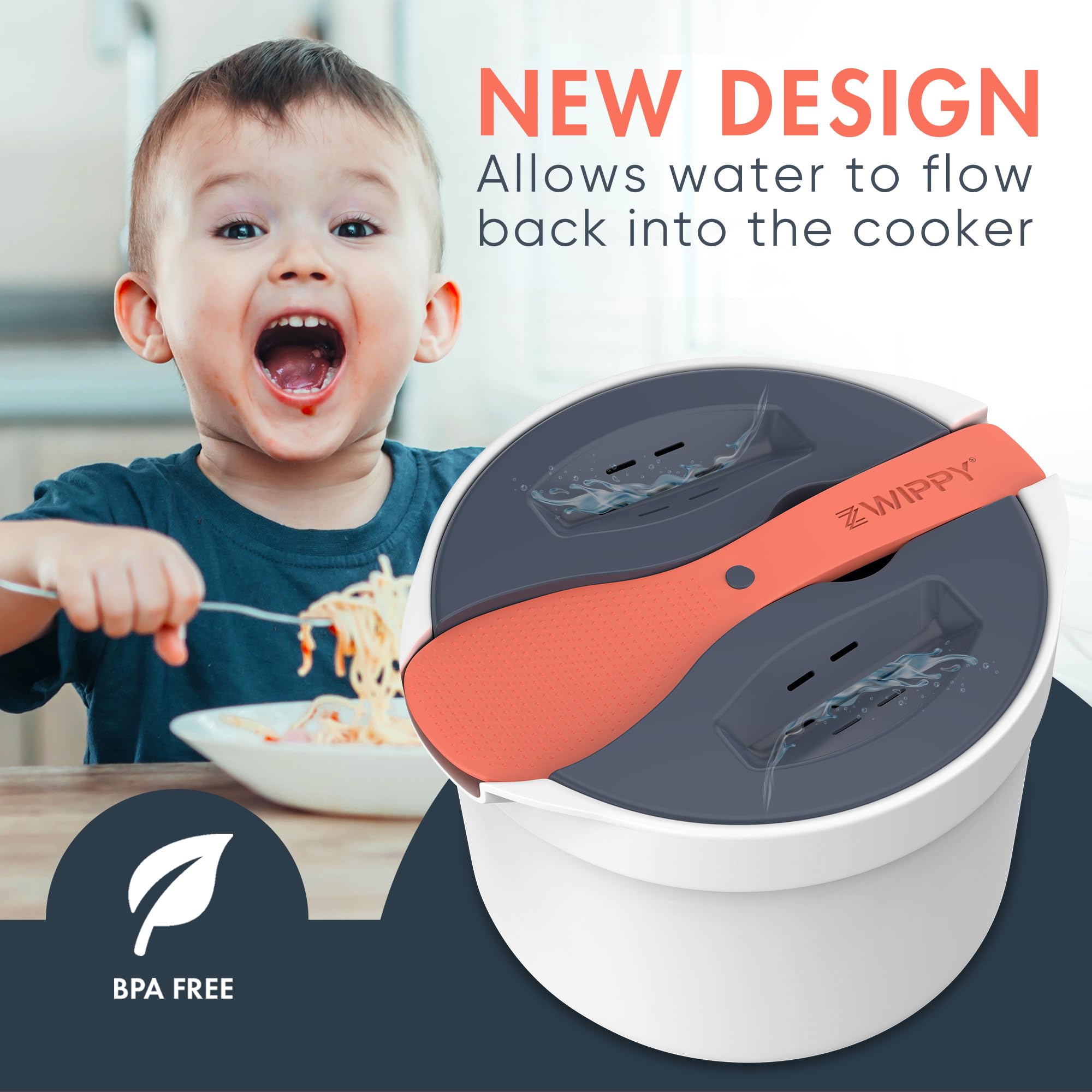 Zwippy Microwave Rice Cooker & Steamer - Mess-Free, Dishwasher Safe, Cooks Up to 8 Cups, Model 35MRC-V2.0