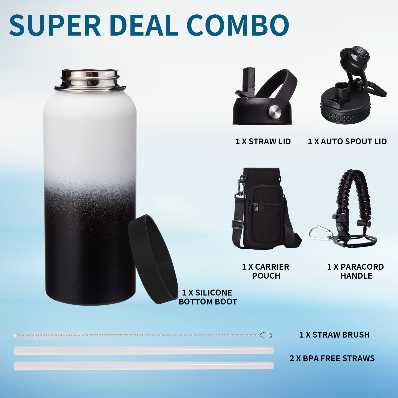 Metal Water Bottle 32 oz - Insulated Water Bottles Keep Cold 48H Hot 24H  Large Waterbottle with Strap  Straw & Spout Lid  Protective Boot  Wide Mouth Stainless Steel Thermo Jug Flask Sport Office