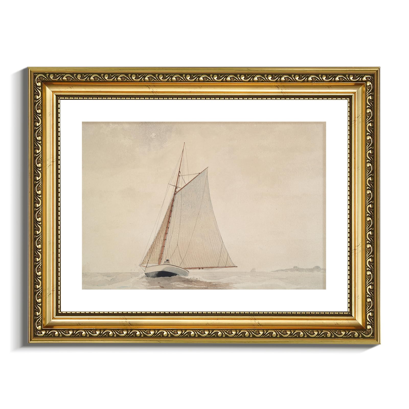 Viyyiea Gold Framed Wall Art Canvas Print Home Decor For Living Room White Sailboat Seascape Watercolor Vintage Beach Painting O