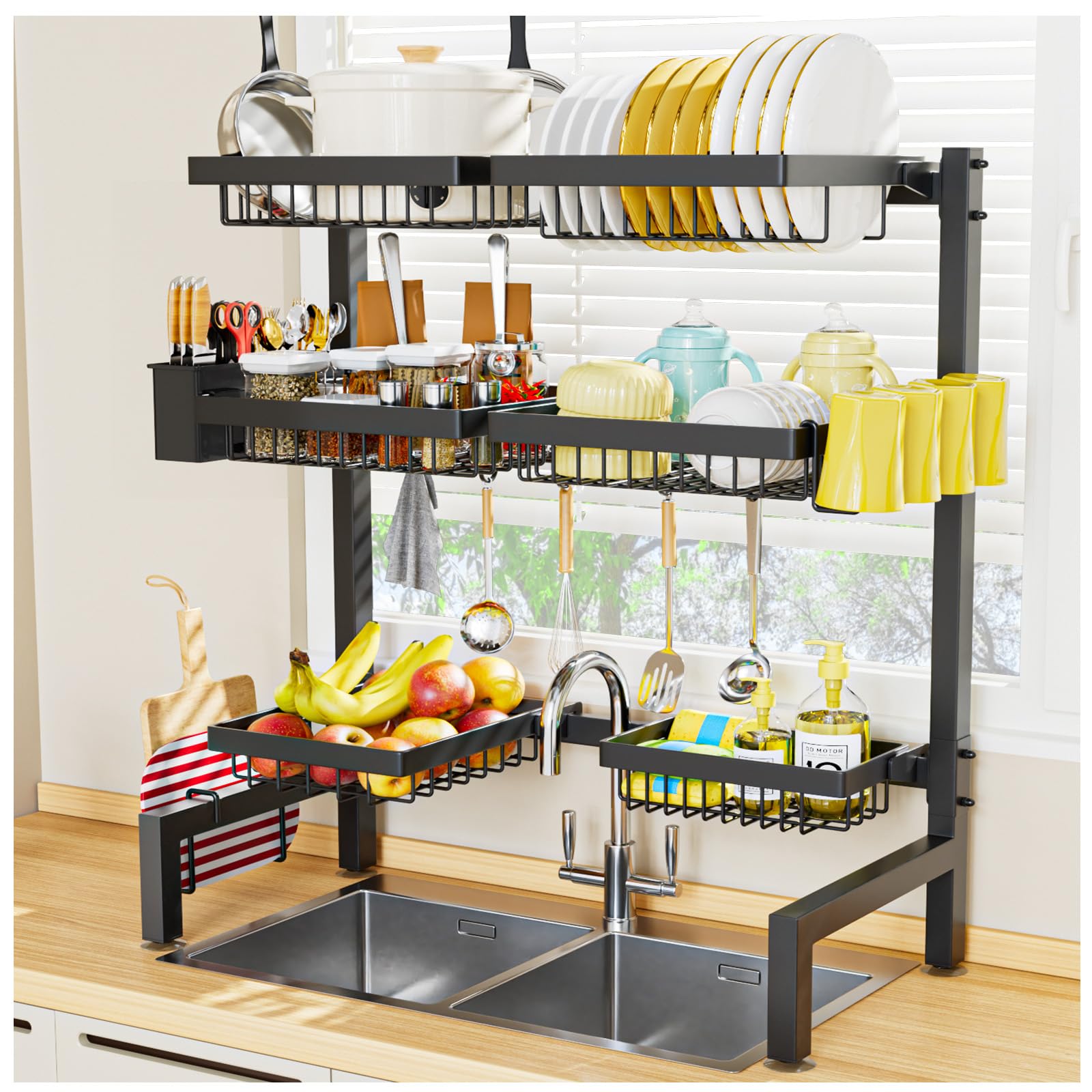 Snslxh 3 Tiers 6 Baskets Dish Drying Rack, 24.8-35.4,Over Sink Dish Drying Rack, 3-Tier Large Sink Rack For Kitchen, Extensi