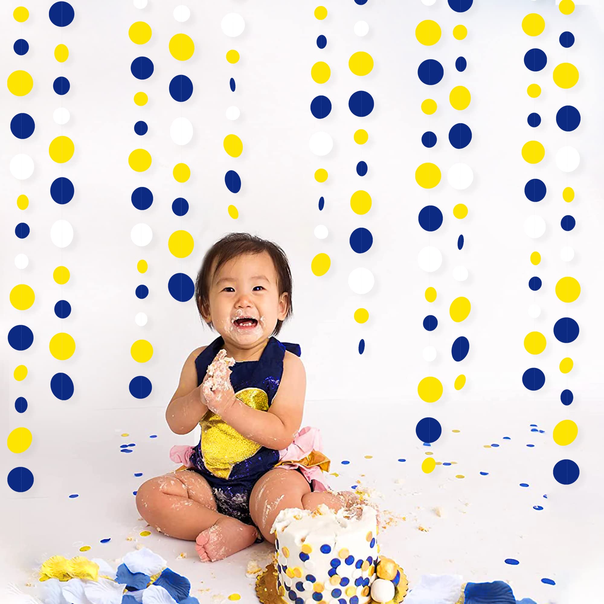 46Ft Navy Blue And Yellow Circle Dots Garland Royal Blue Yellow White Hanging Paper Polka Dot Streamer For Graduation Birthday W