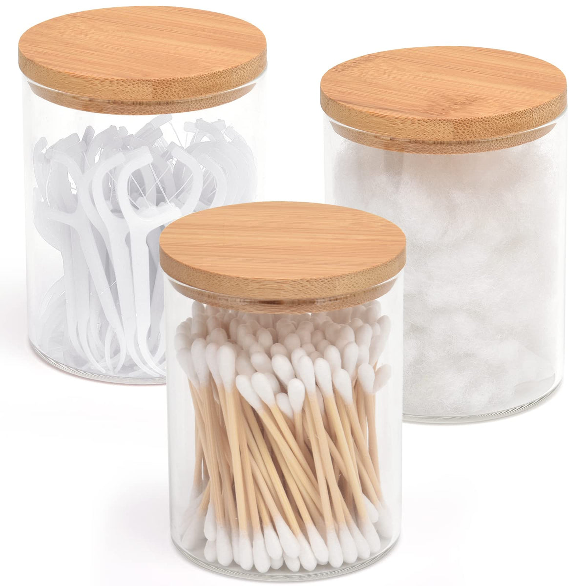 Bkyfpq 3 Pack Glass Qtip Holder Dispenser Bathroom Jars With Bamboo Lids, Cotton Ball Pad Round Swab Holder For Bathroom Accesso