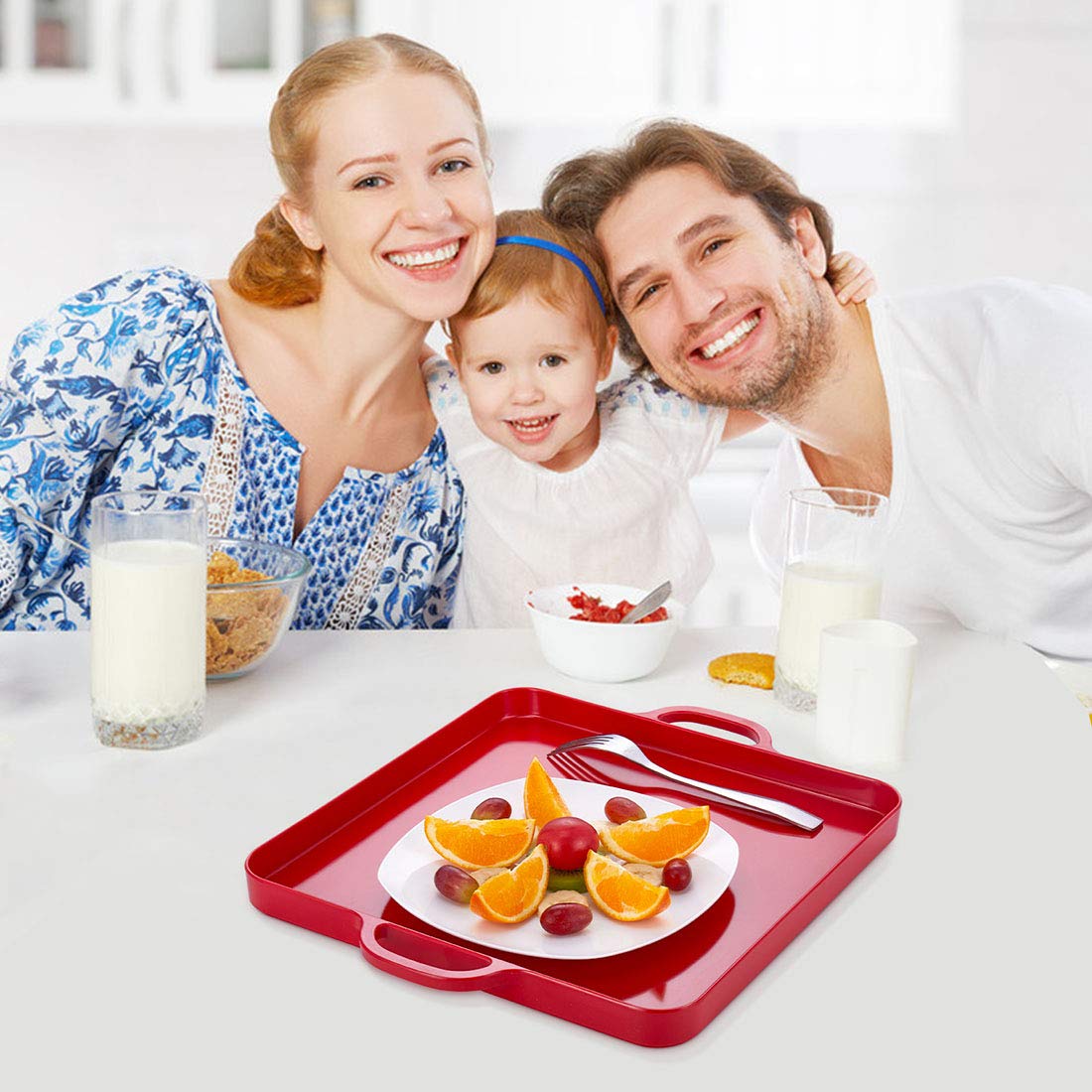 I Bkgoo Foodservice Red Plastic Tray With Handle Set Of 2 Large Melamine Cube Serving Platters For Parties, Table, Kitchen Size(