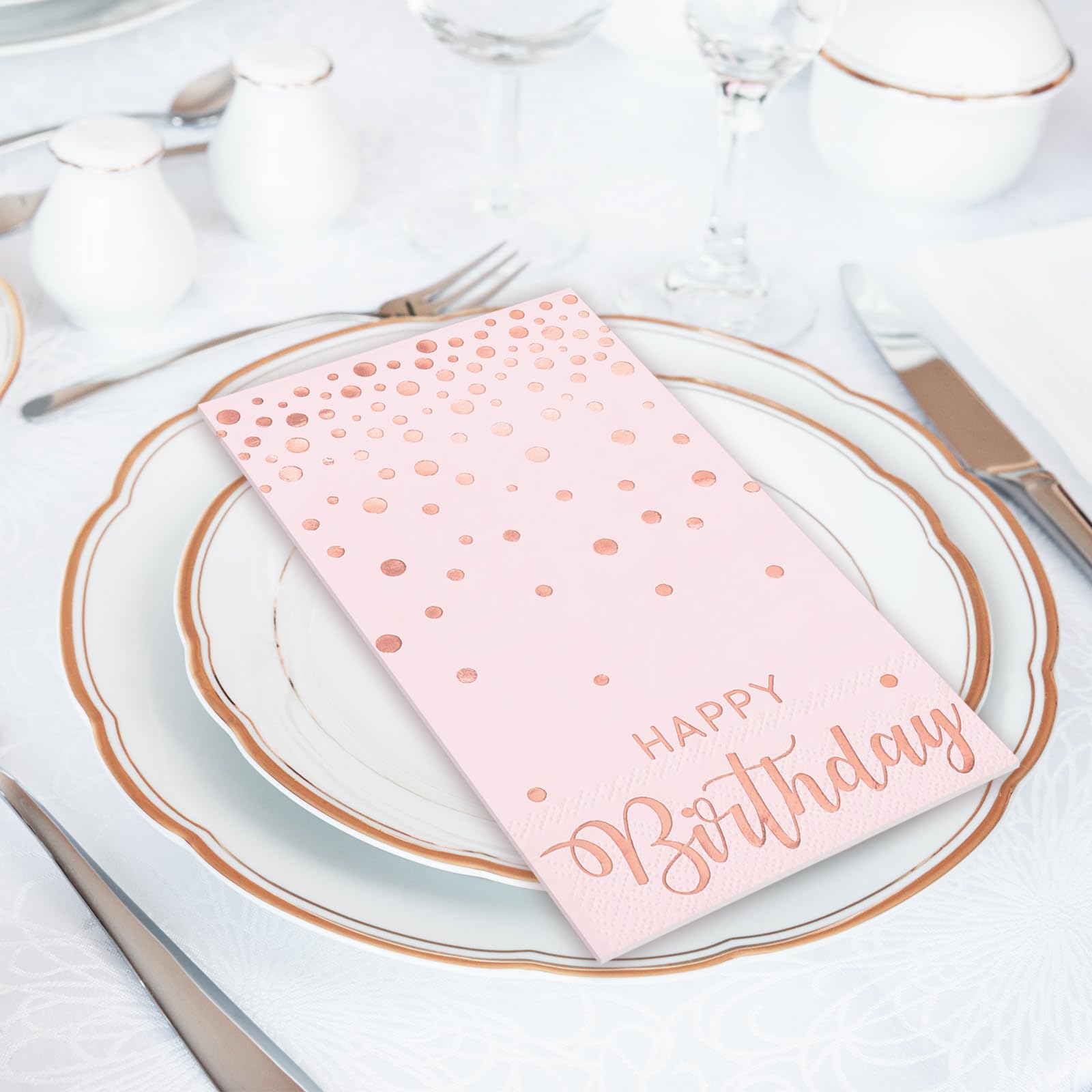Jarthenaamcs 50Pcs Valentine'S Day Pink Happy Birthday Guest Napkins Rose Gold Foil Dots Birthday Disposable Paper Napkins Dinne