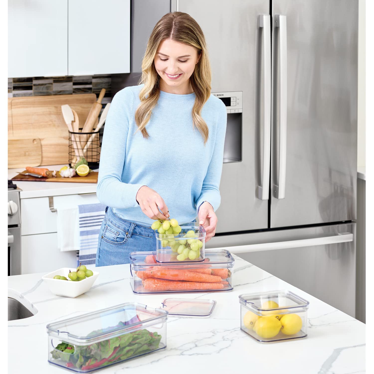 iDesign The Spruce 4-Piece Plastic Refrigerator Organizer Bin Set with Lids  Clear/White