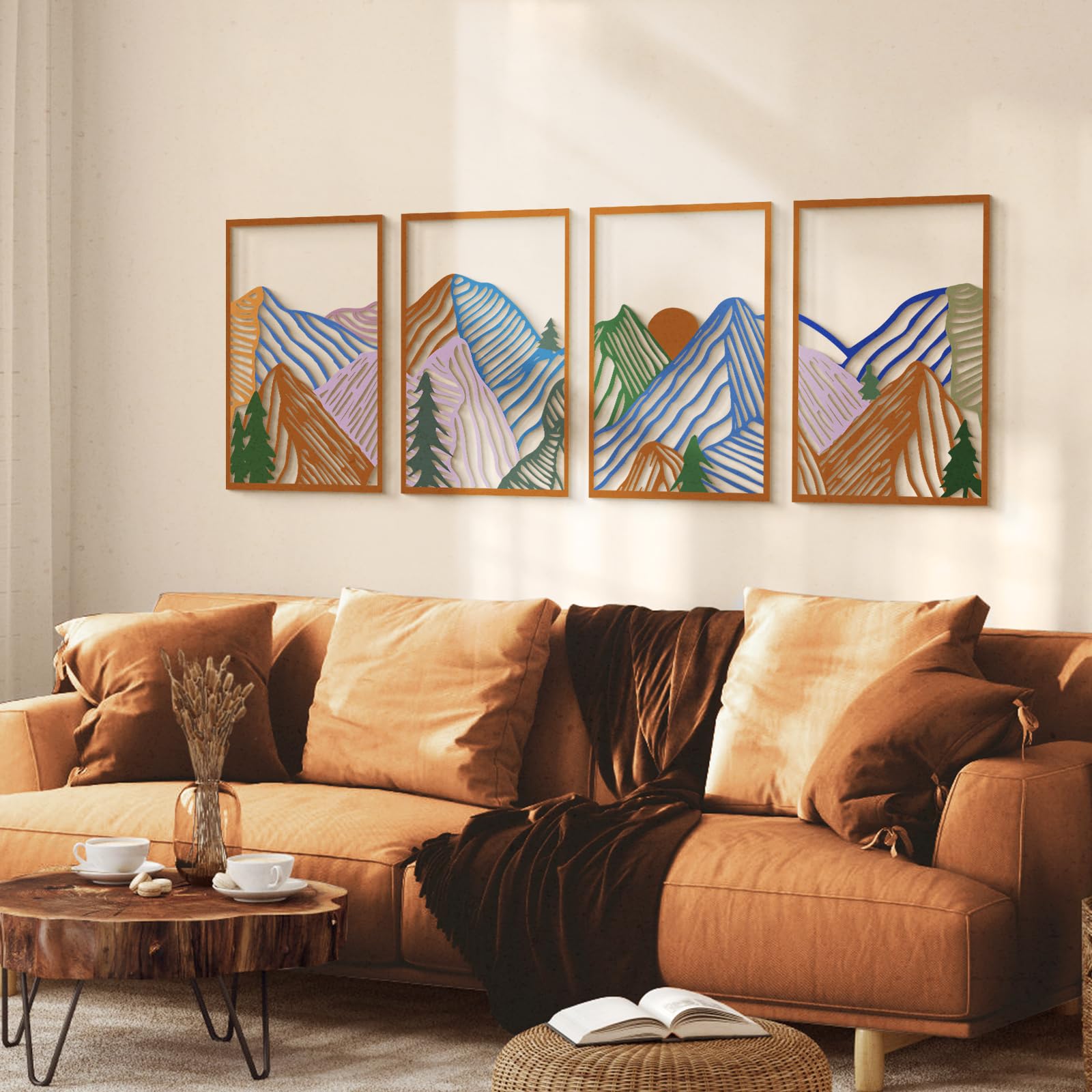 Glamativity 4 Pcs Colorful And Black Double-Sided Abstract Mountain Metal Wall Art , Mountain Line Art D  cor, 3D Textured Minim