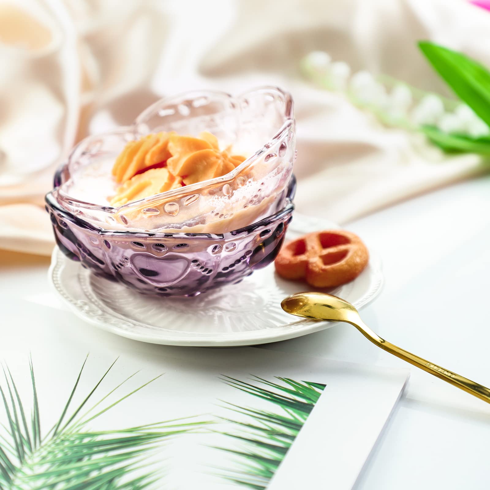 Choold Vintage Romantic Glass Sakura Shape Heart Embossed Dessert Bowl Ice Cream Bowl Dish Bowl Trifle Bowl Salad Bowl 8Oz