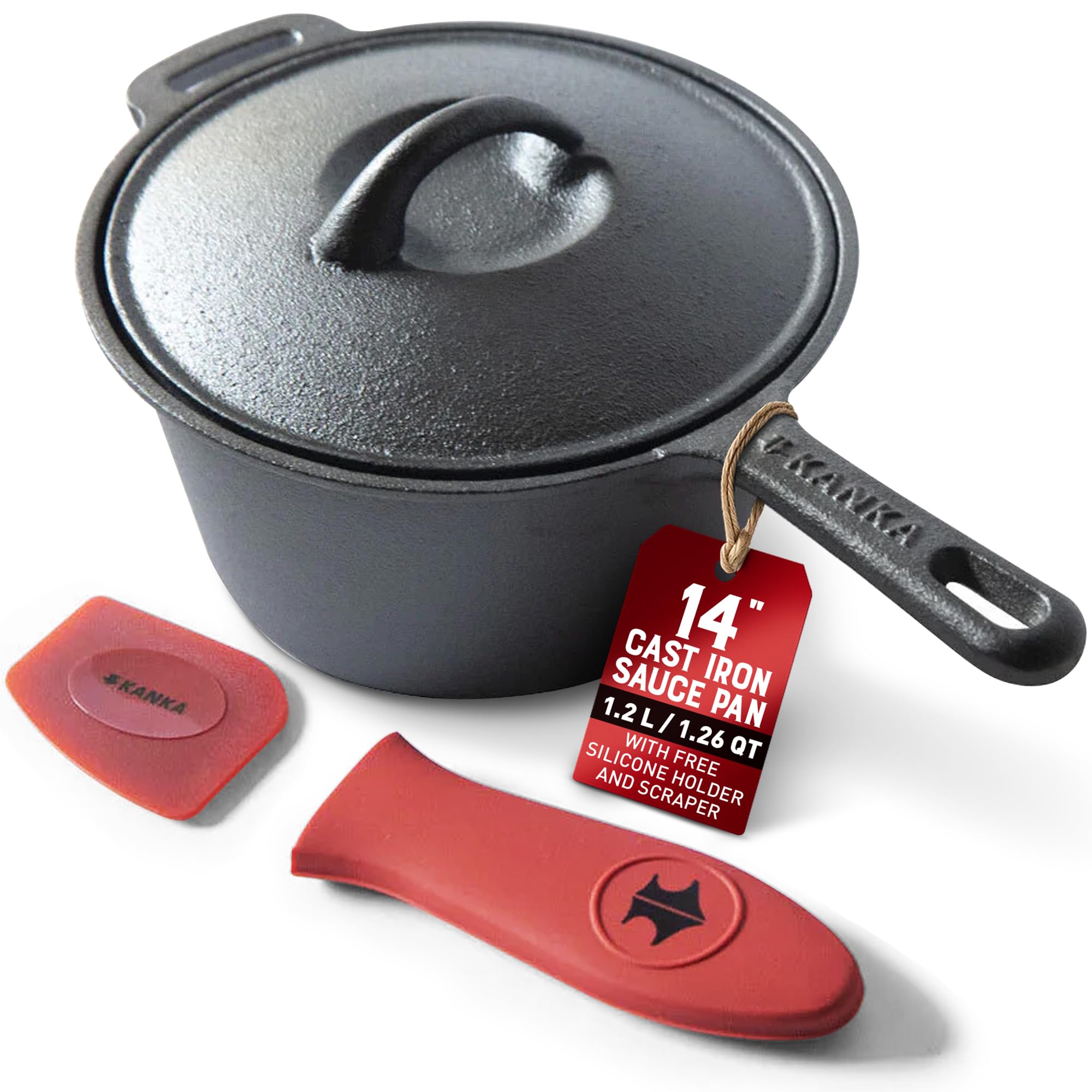 KANKA Grill 14 Cast Iron Sauce Pan with Lid  PreSeasoned Deep Cooking Pot for Indoor & Outdoor Grill, Stir Fry, Broth, Frying