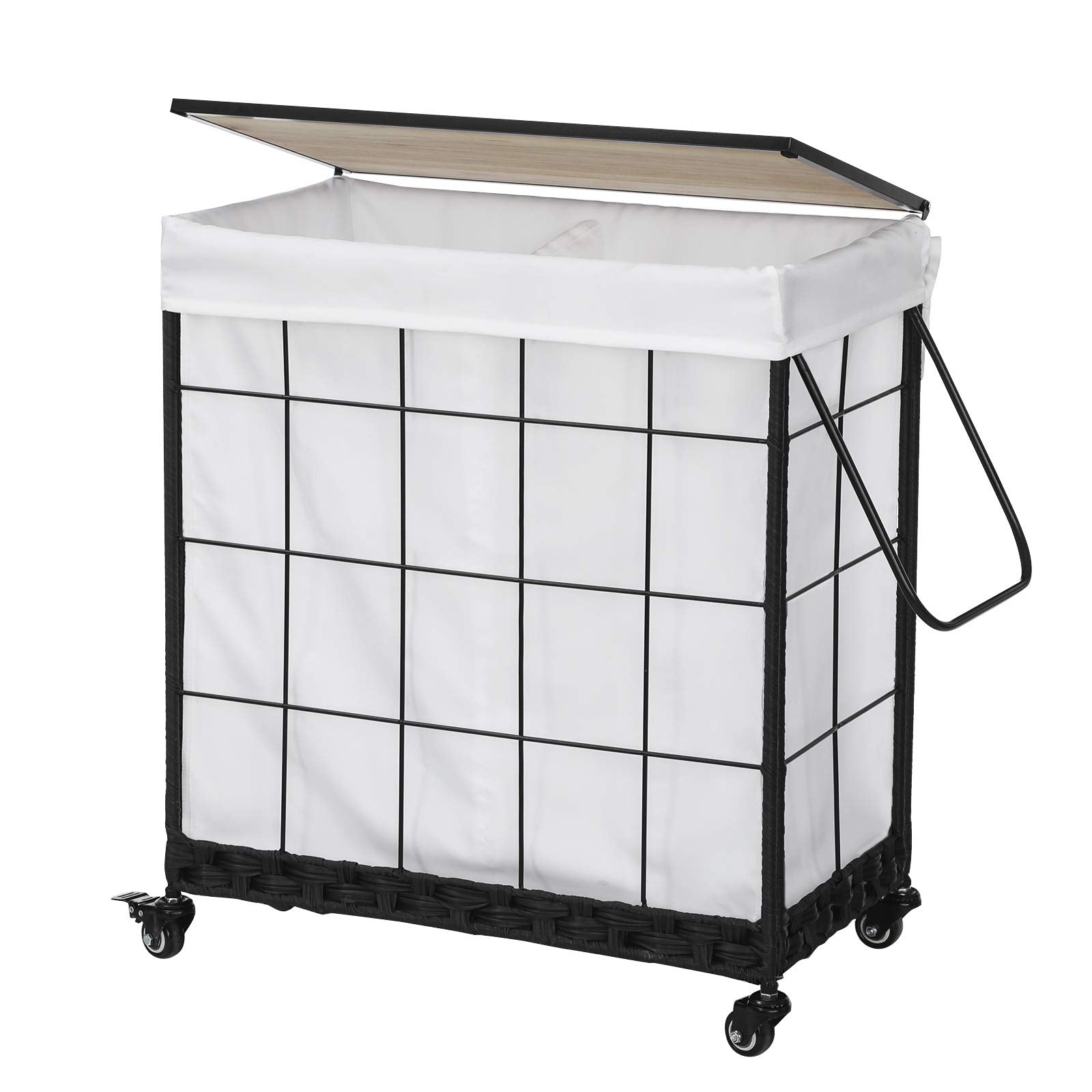 Laundry Hamper With Wood Lid And Divided Liner Bag; Durable Laundry Basket With Heavy Duty Rolling Lockable Wheels; Clothes Hamp