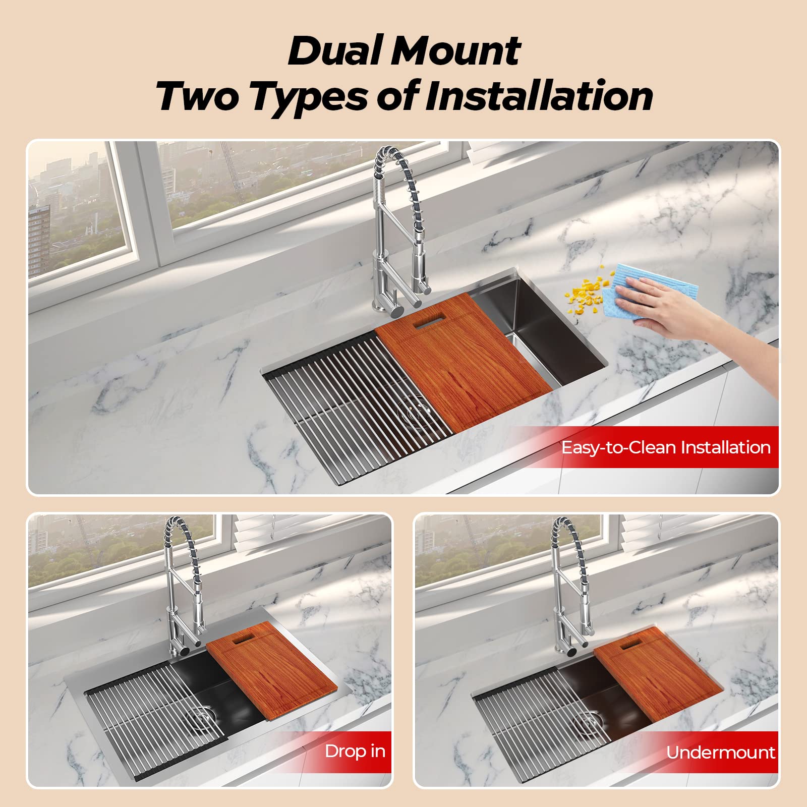 Kitchen Sink Workstation, Tecasa 33 Inch Kitchen Sink With Faucet Combo, Dual Mount Drop In Sink Single Bowl Stainless Steel Met