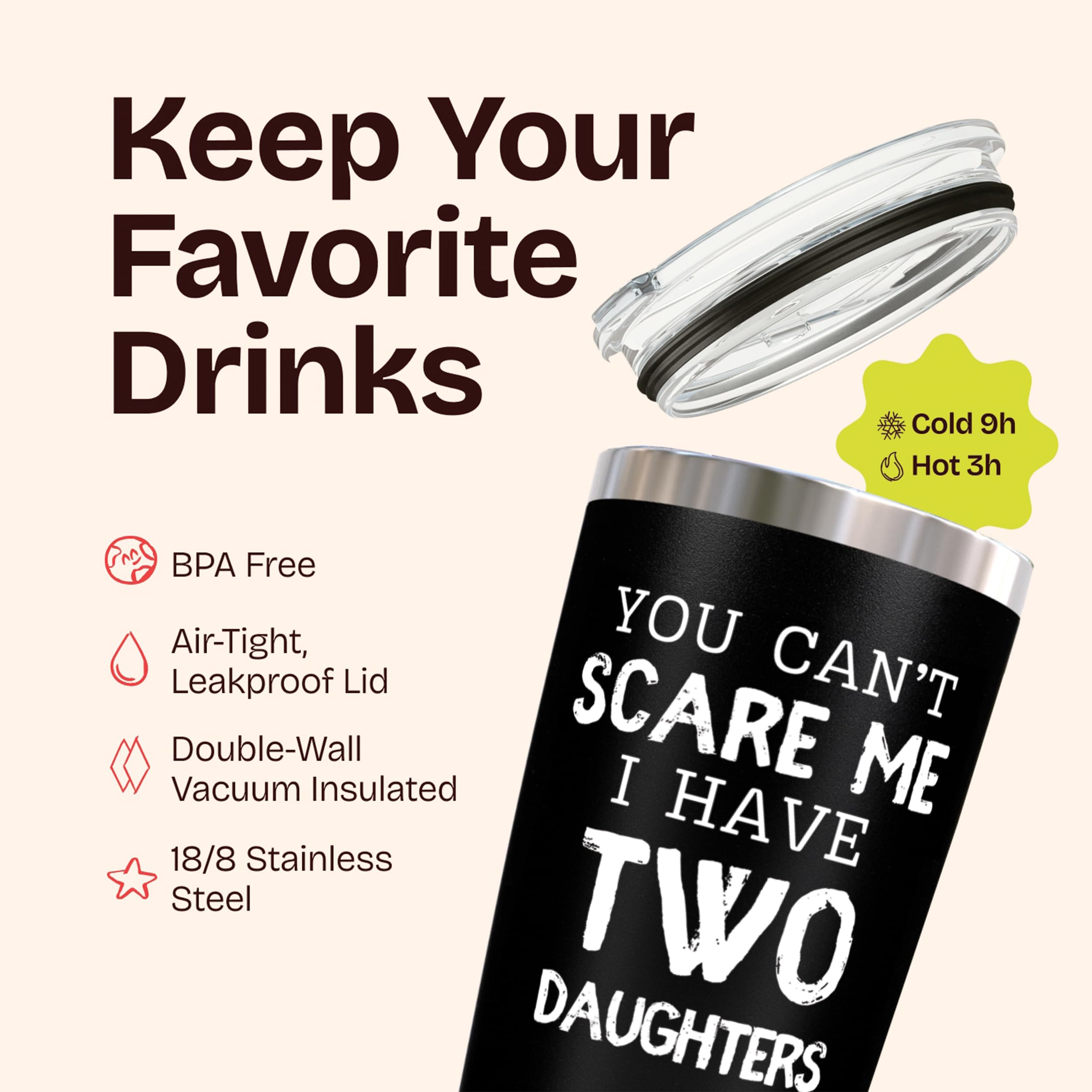 KLUBI Dad Gifts from Daughters - You Cant Scare Me I Have Two Daughters Tumbler Girl Dad Mug 20oz Stainless Steel Black Cup - Fu