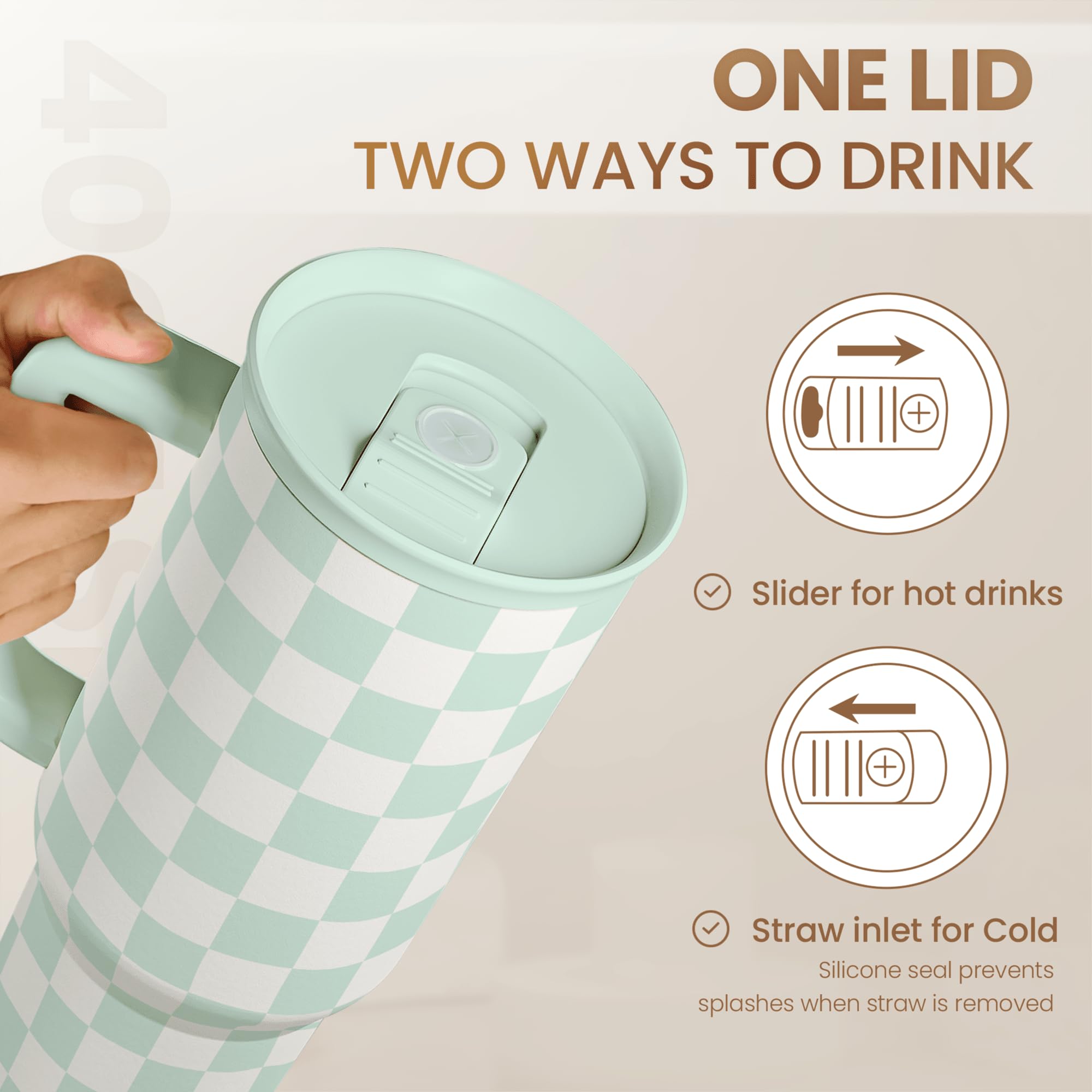 SANDJEST Checkered Tumbler with Handle 40oz, Mint Checker Cup Stainless Steel Insulated Tumblers Coffee Travel Mug Cups with Str