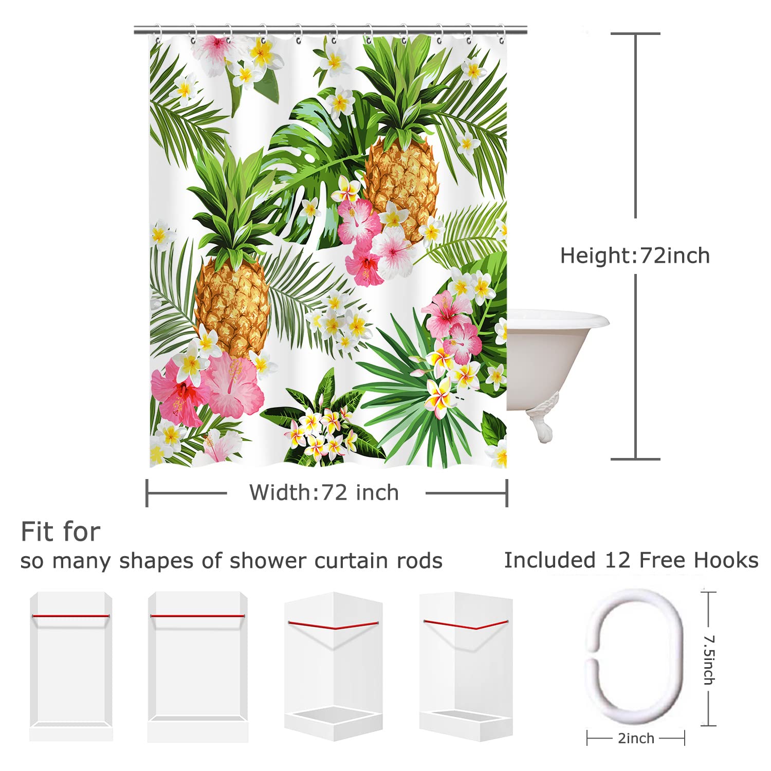 Livilan Tropical Shower Curtain, Summer Pineapple Fabric Bathroom Curtain Set With Hooks Decorative Green Leaves Pink Flowers 72