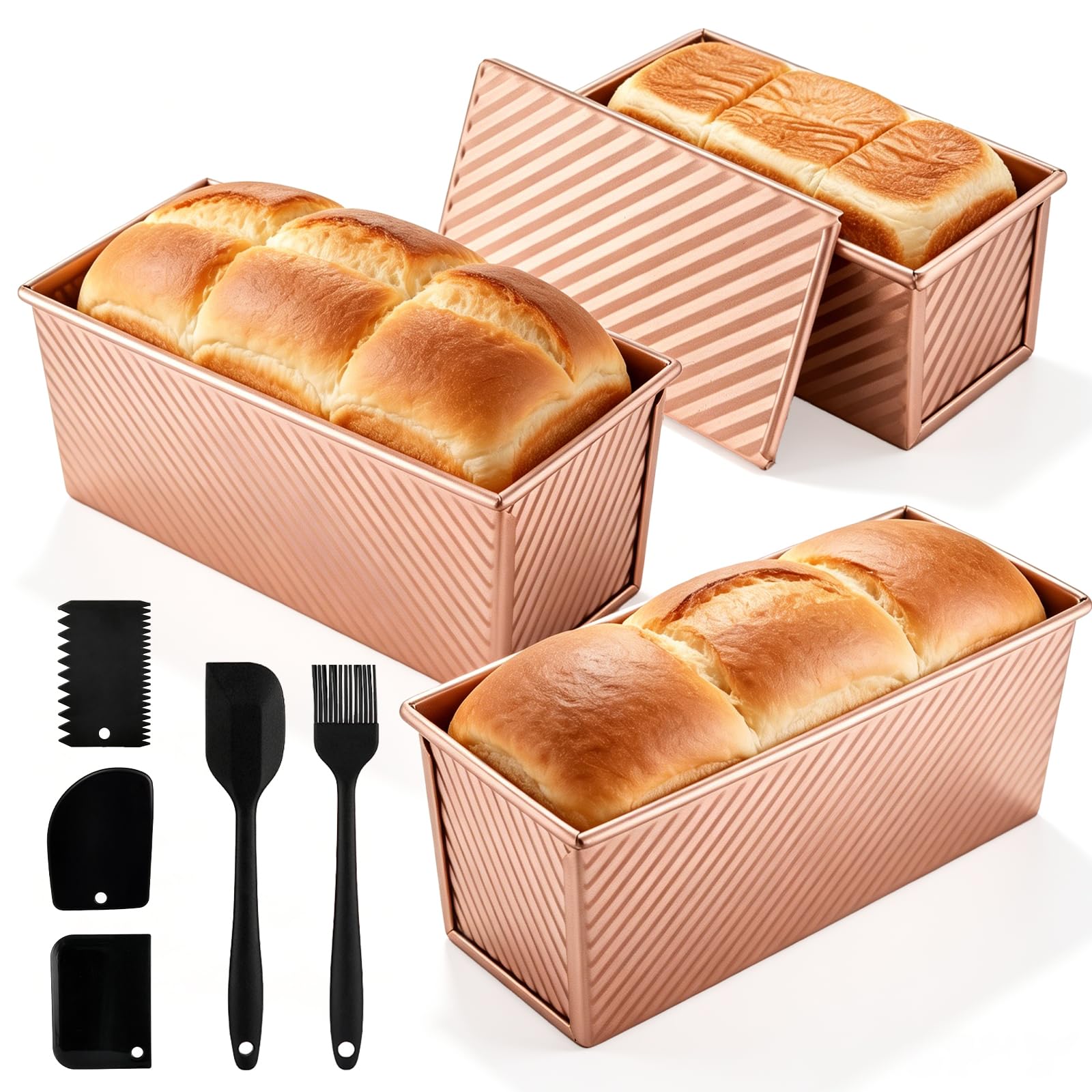 Bruklan Nonstick Pullman Loaf Pan with Lid, 7.4/8.15/12.48in (Rose Gold)