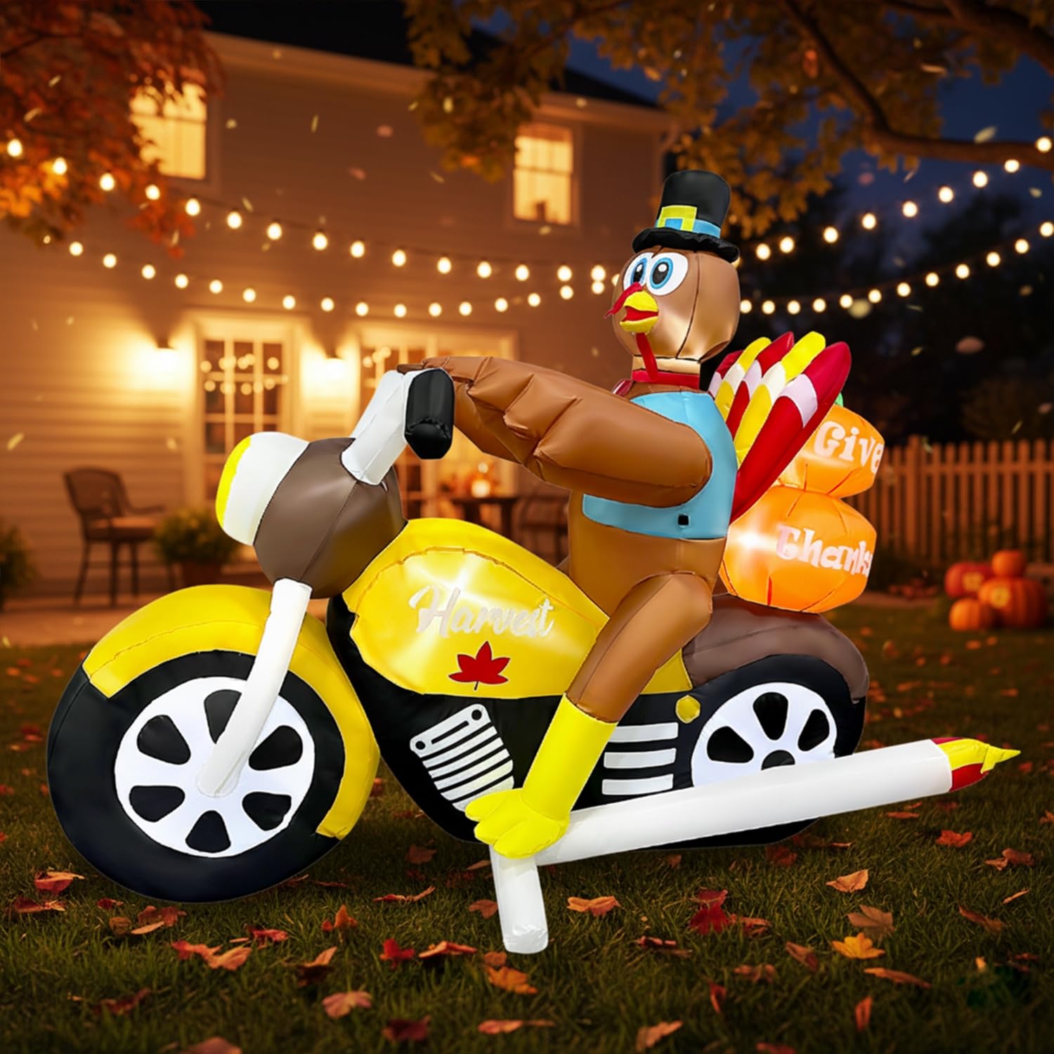 7FT Length Thanksgiving Inflatable Turkey Riding Motorcycle Decorations LED Lighted Blow Up Decoration Decor Home Yard Outdoor I