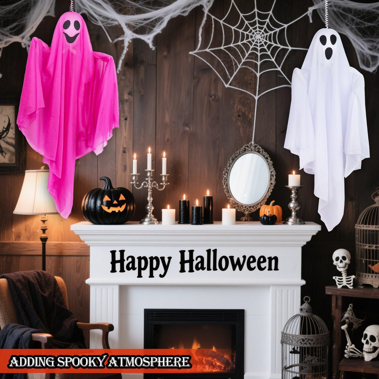 [ Sound Activated ] Light up Halloween Animatronics Hanging Ghost Decorations with Creepy Sound & Shake Hands, Lighted Flying Gh