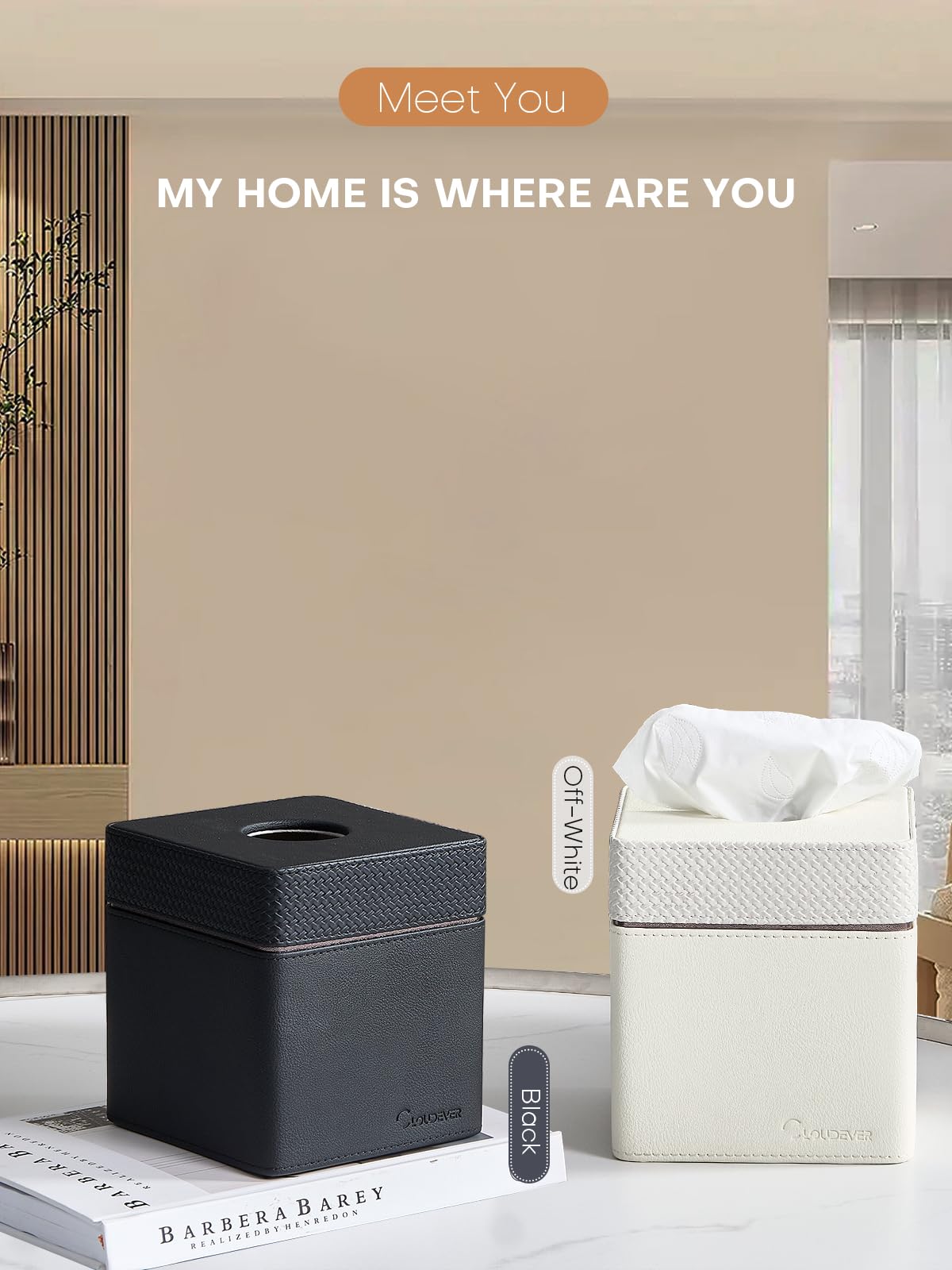 Cloudever Tissue Box Holder Cover, Modern Pu Leather Square Decorative Tissue Holder Organizer-Woven New Black