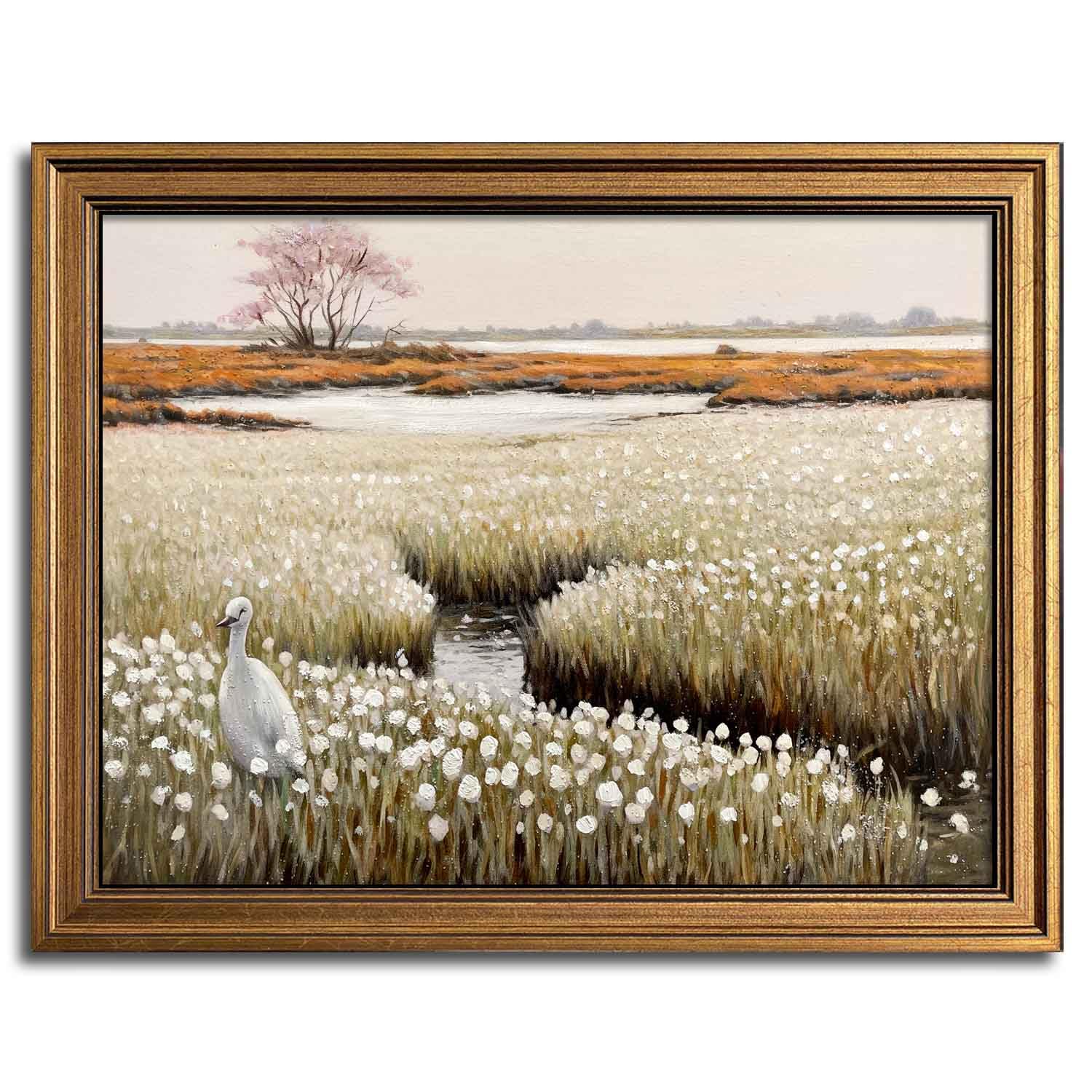 Framed Vintage Wall Art Classical French Landscape Painting Wildflowers Field Canvas Wall Art Print Kitchen Living Room Wall Dec