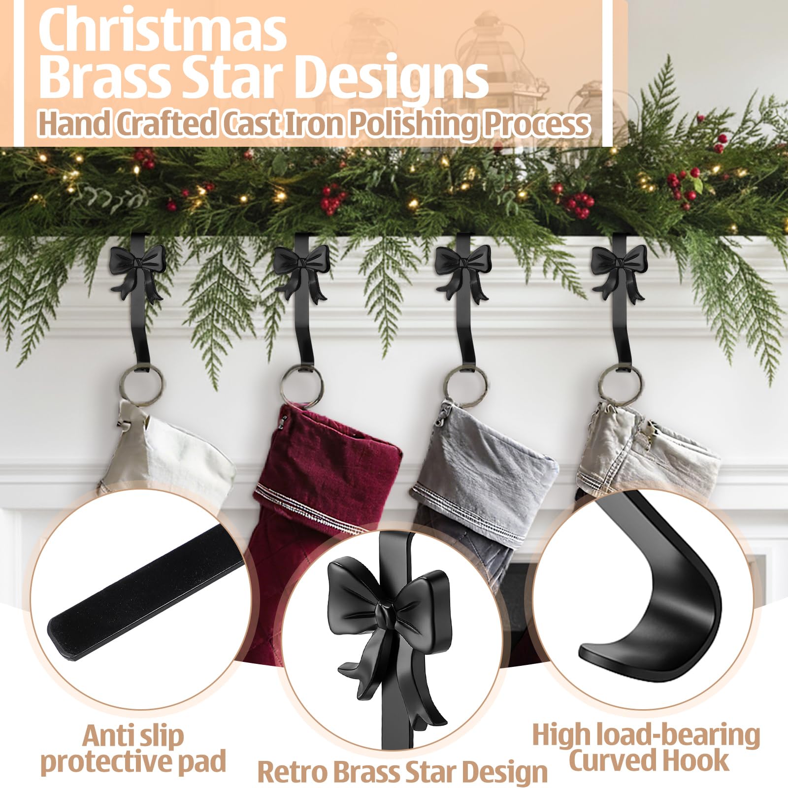 Shimeyao 8 Pcs Black Bow Christmas Stocking Holder Heavy Duty Cast Iron Stocking Hooks Non-Slip Fireplace Hangers Xmas Bow Decor