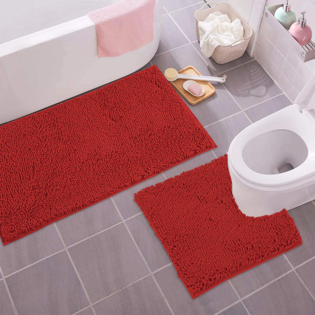 Red Christmas Decor Bathroom Rugs Sets 2 Piece, Luxury Chenille Bath Mat Runner Set, Soft Plush Anti-Slip Bath Rug + U-Shaped To