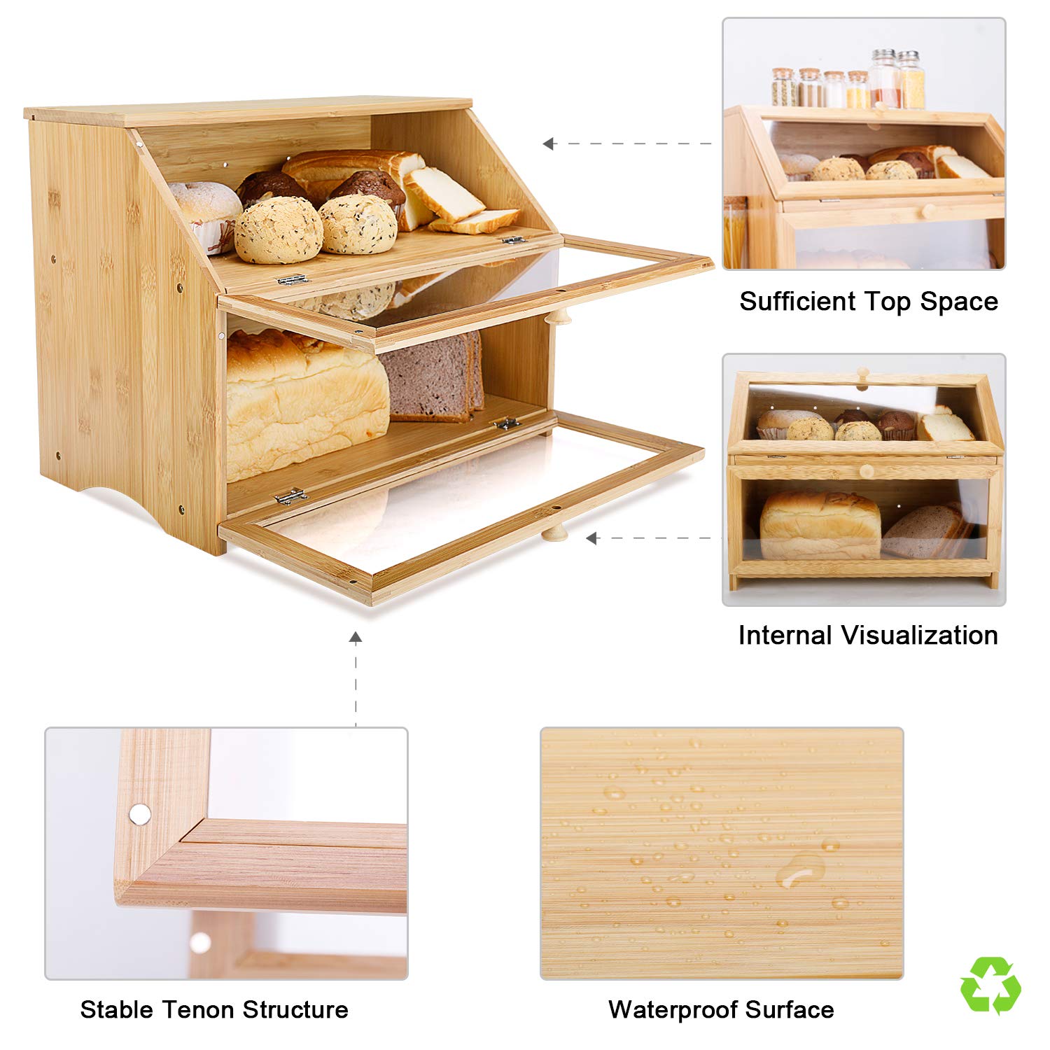 Homekoko Double Layer Large Bread Box For Kitchen Counter, Wooden Large Capacity Bread Storage Bin (Natural Bamboo)