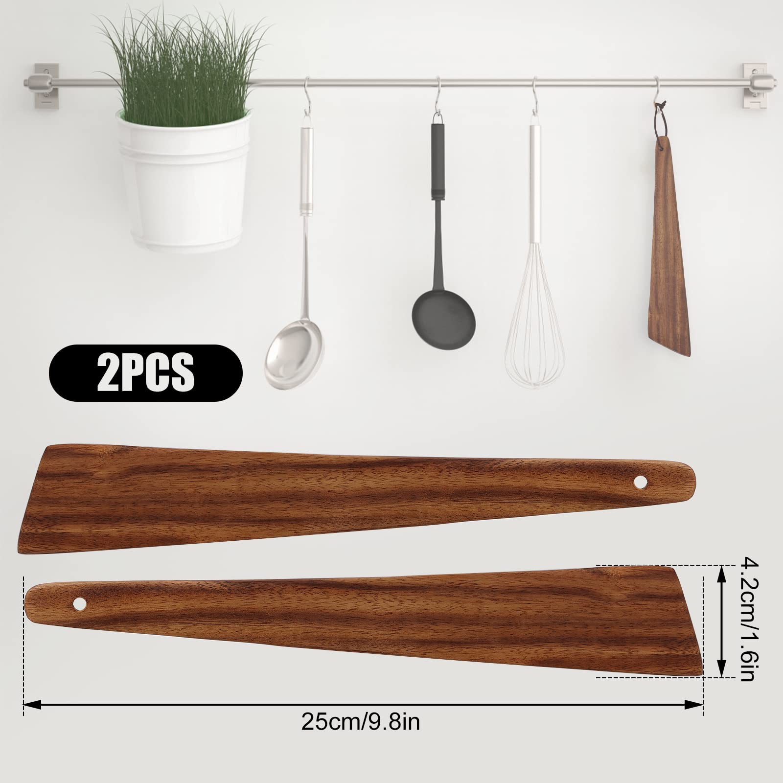 2Pcs Teak Wooden Spatula, 25Cm/ 9.8 Inch Flat Wooden Turner Non-Stick Kitchen Spatula Set Egg Scraper Wood Cooking Utensil For S