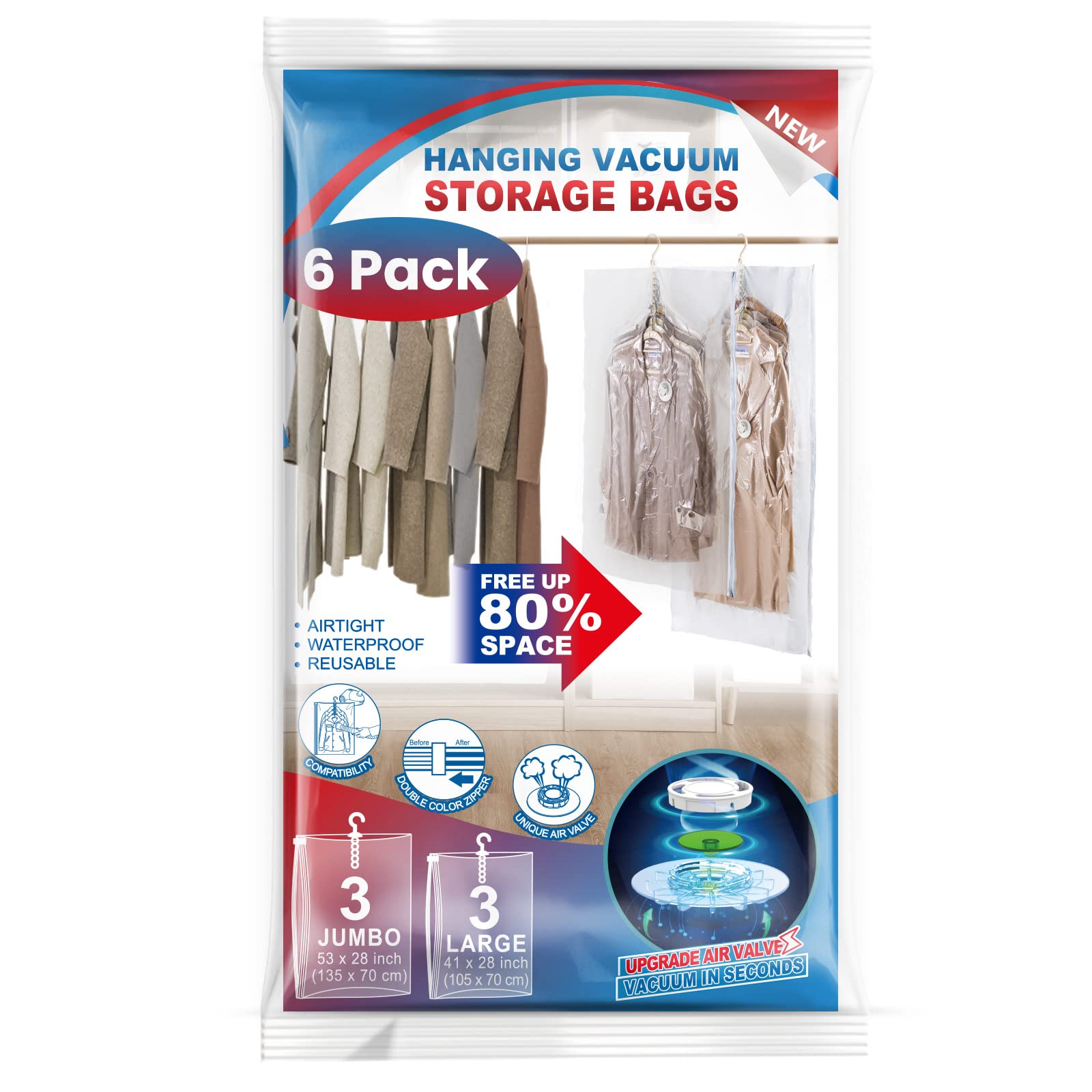 Hanging Vacuum Storage Bags, 6 Pack Large Hanging Space Saver Bags, Hanging Vacuum Sealed For Clothes Suits Dress Jackets For Mo