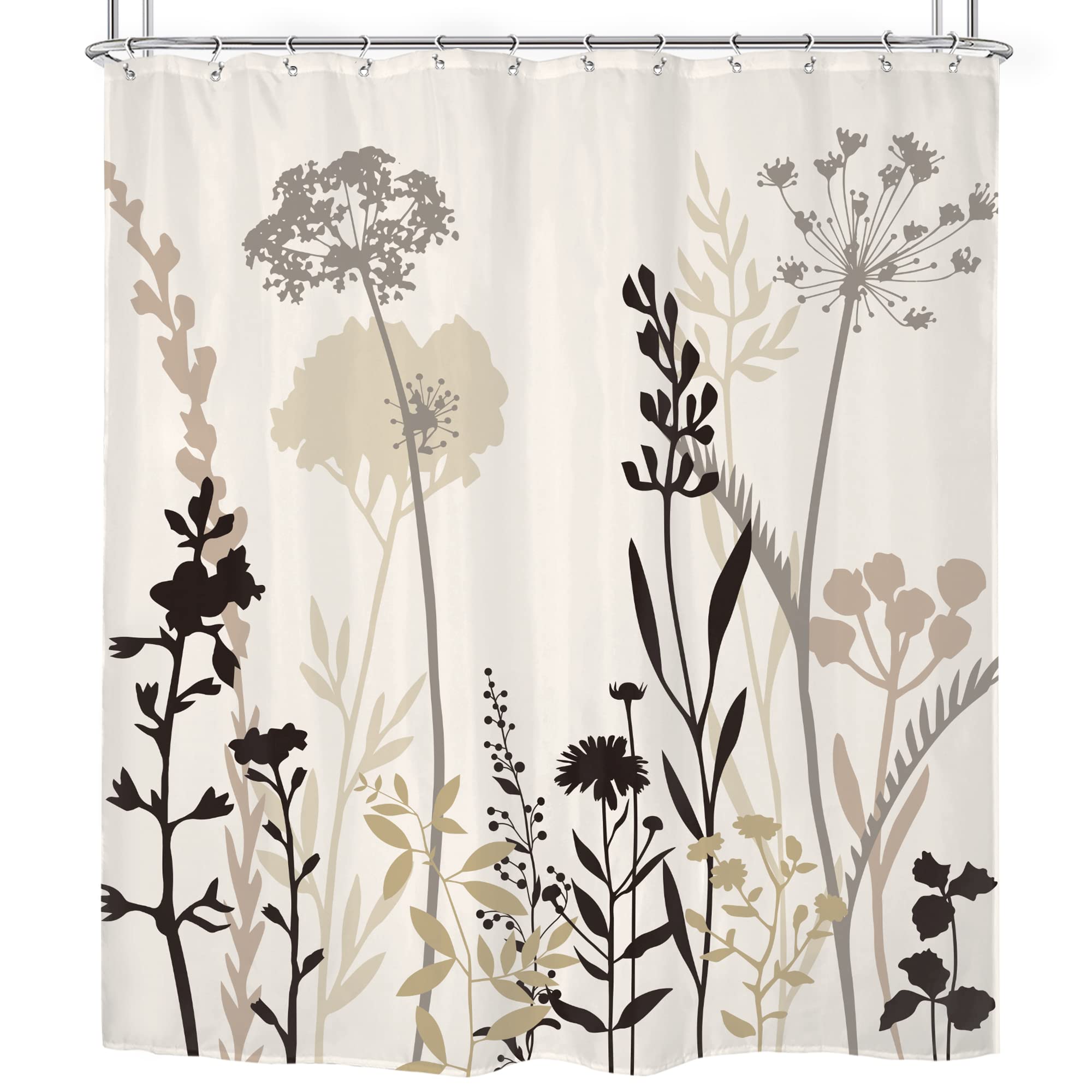 Omifly Beige Shower Curtain Cream Floral 60X72 Taupe Brown Silhouette Flower Rustic Boho Wildfloral Leaves Plants Botanical Vint