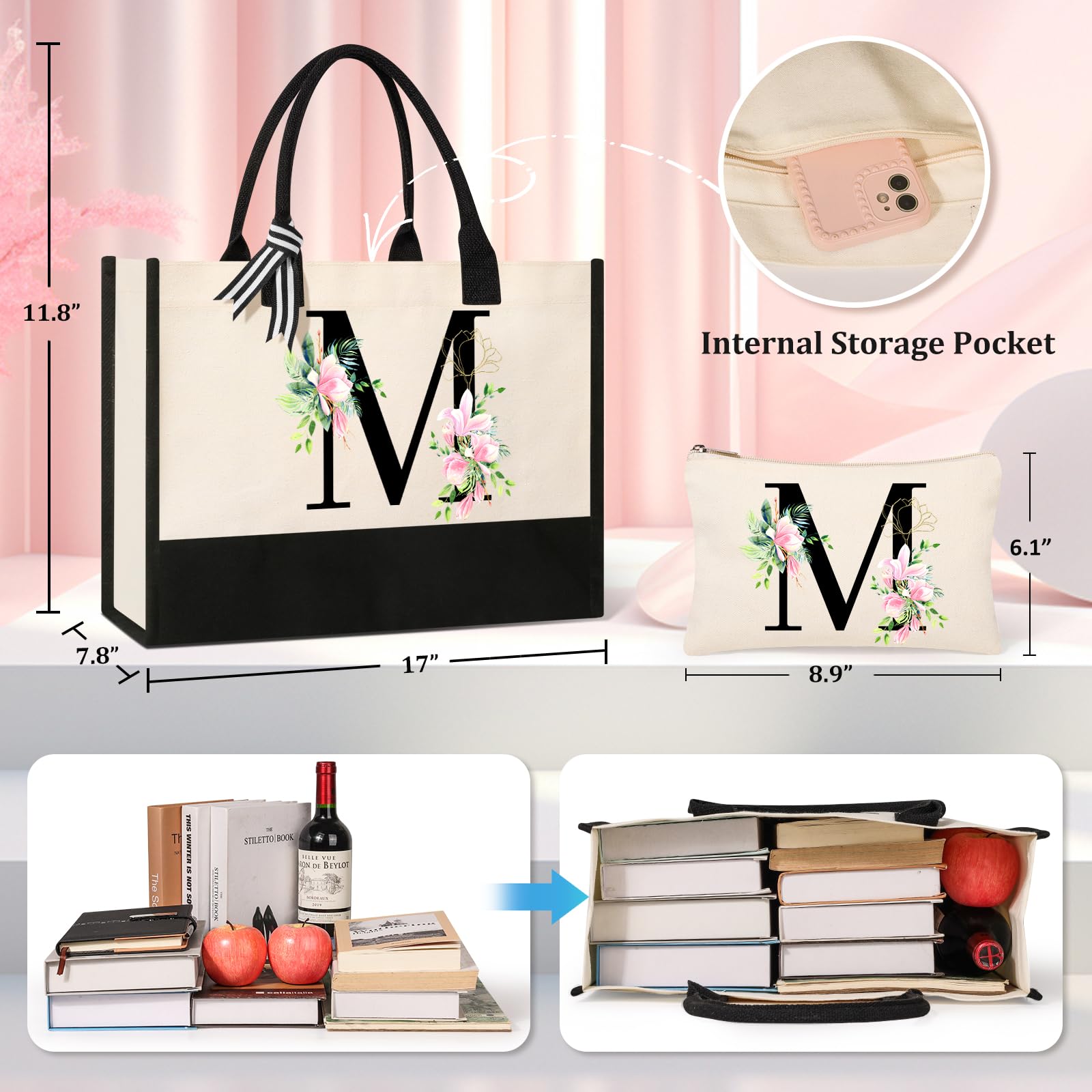 Ayge Personalized Initial Canvas Beach Bag Cosmetic Bags, Monogrammed Gifts For Women, Tote Bag, Makeup Bag, Birthday Gifts For