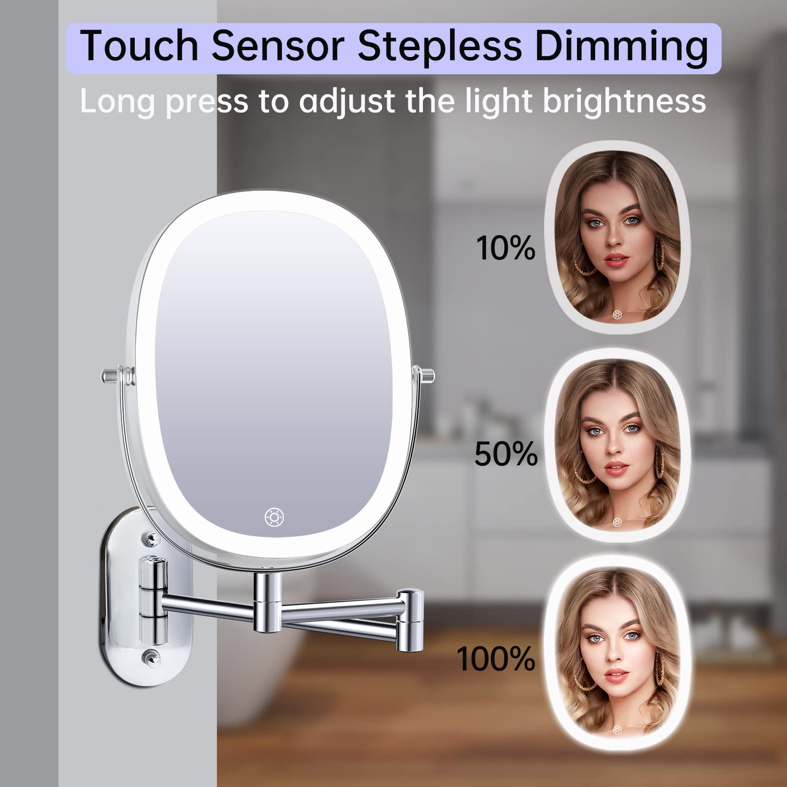 Funtouch Rechargeable Lighted Wall Mounted Makeup Mirror, Double Sided 1X/7X Magnifying Mirror, 3 Lights Option Dimmable, Extens