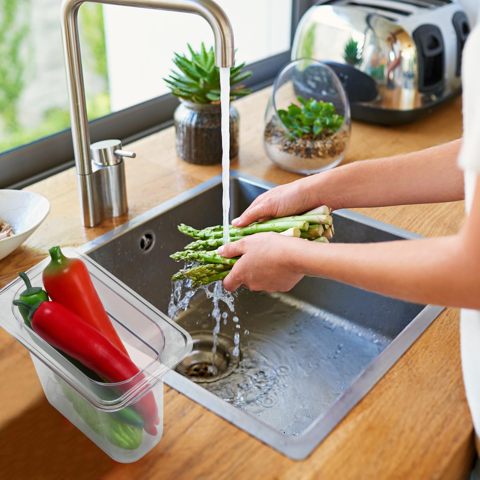 Sunnyray 6 Set 1/9 Size Polycarbonate Food Pans With Lids And Drain Shelf Deep Square Food Storage Containers For Kitchen Restau