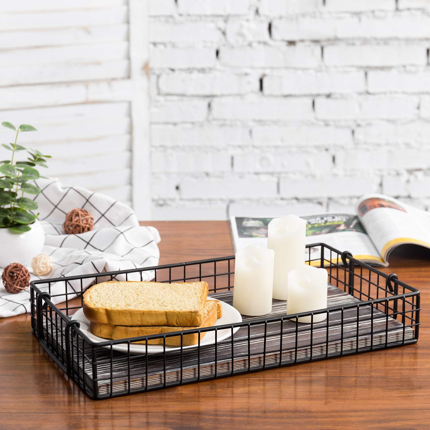 Mygift Black Metal Large Serving Tray, Wire Basket Style Nesting Ottoman Trays With Torched Wood Base And Handles, Set Of 2
