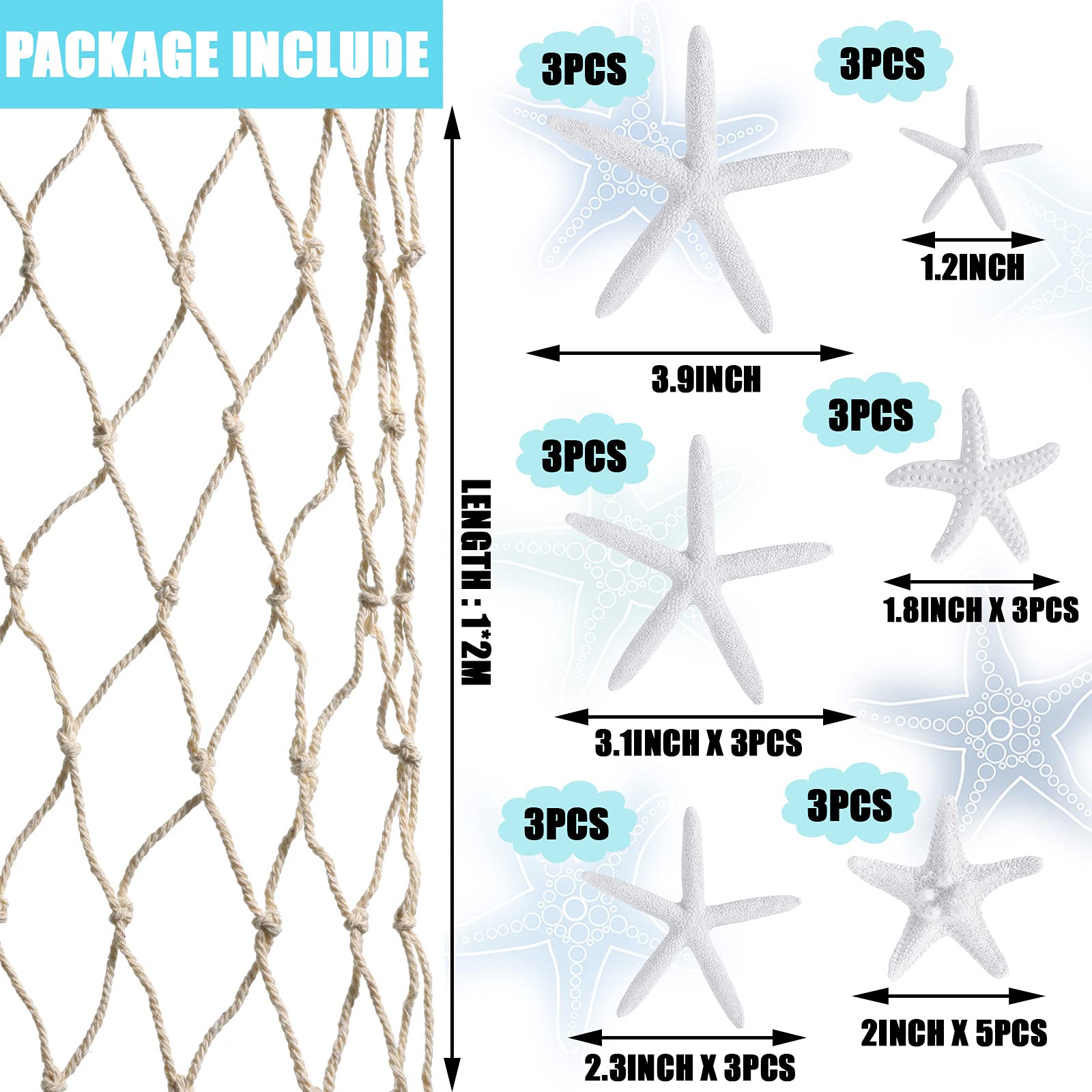 21 Pieces Starfish Ornament Sets Starfish Decor Fish Net Sea Wall Decor Fishnet Nautical Decoration for Crafts Beach Wedding Mer