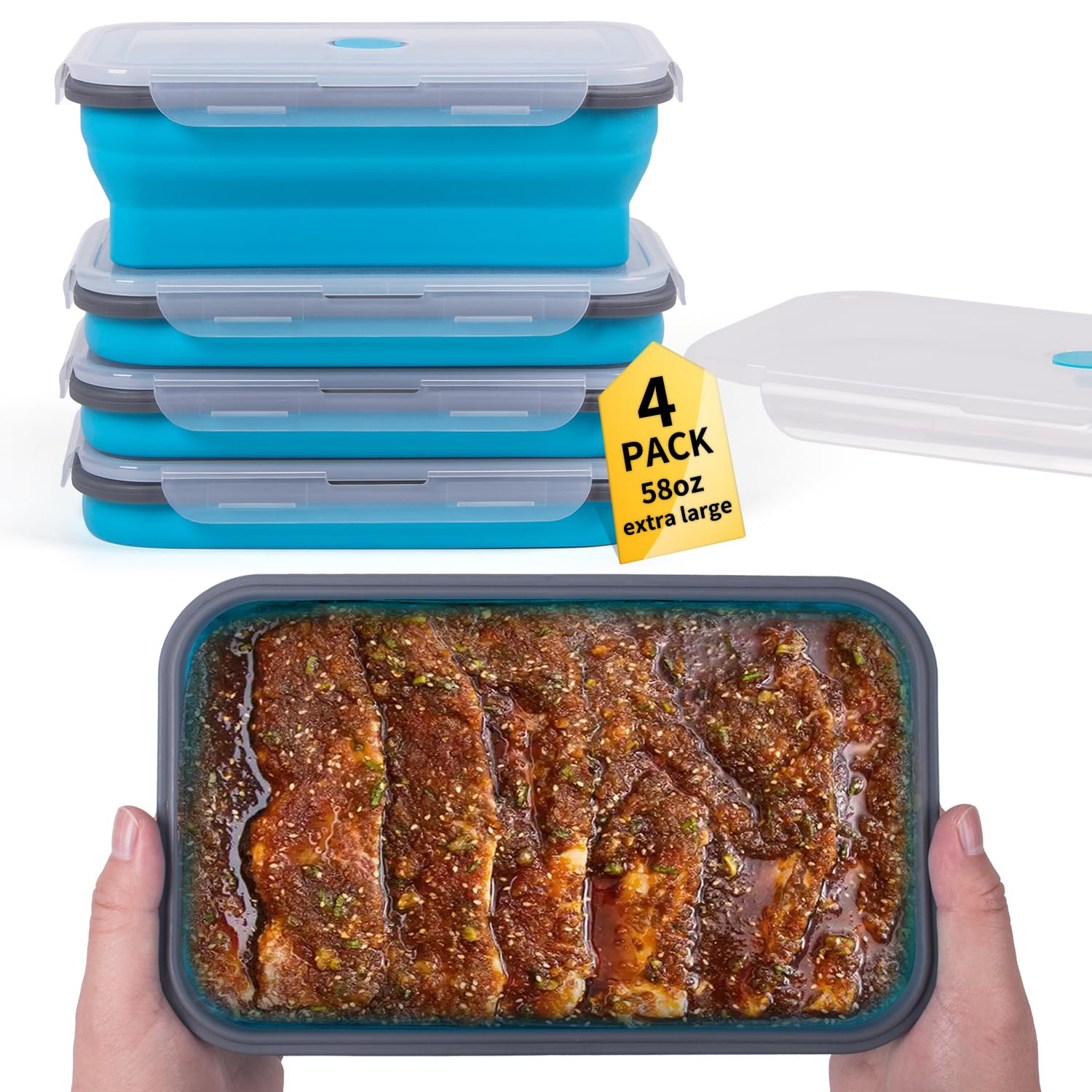 Extra Large Collapsible Food Storage Containers with Lid & Air Vent, 58 oz, 4 Pack, XL Collapsible Marinade Container with Lid F