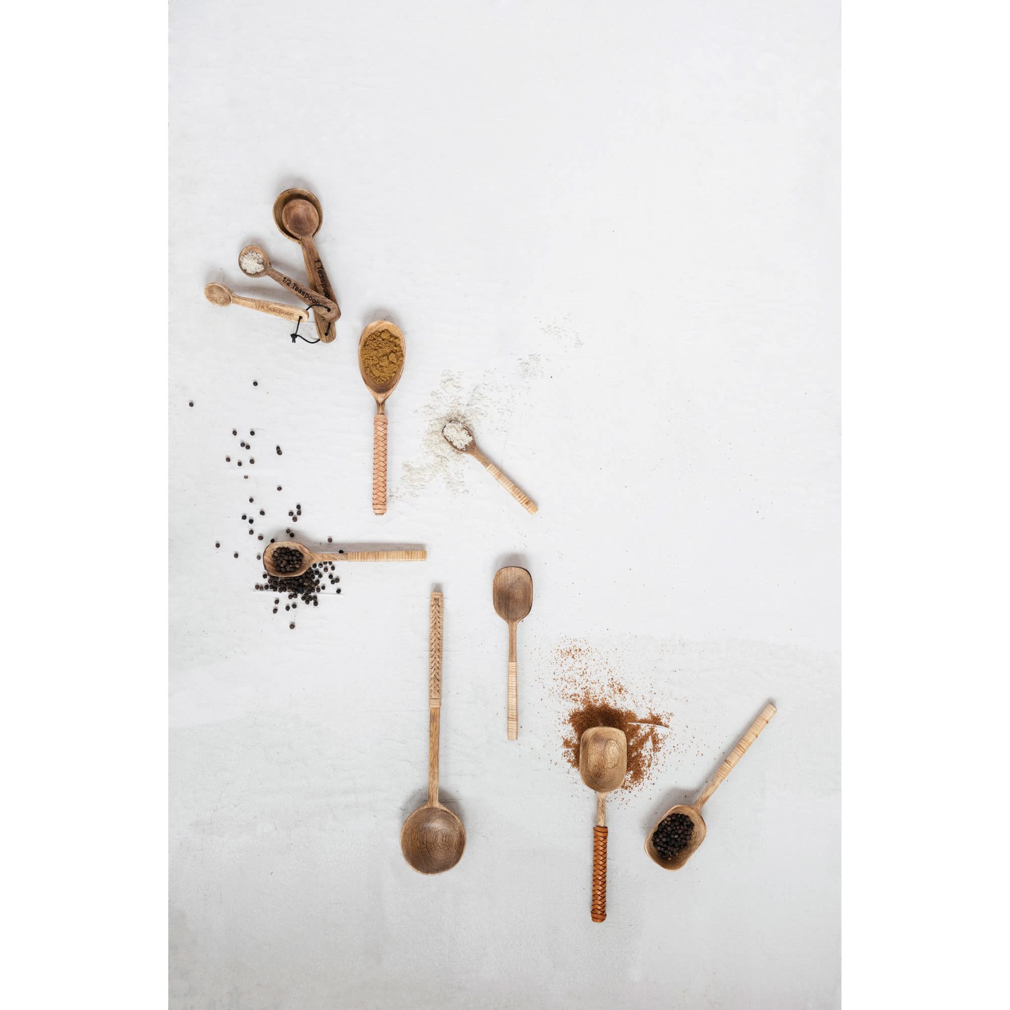 Creative Co-Op Mango Wood Spoons With Bamboo Wrapped Handles, Set Of 3 In Printed Drawstring Bag