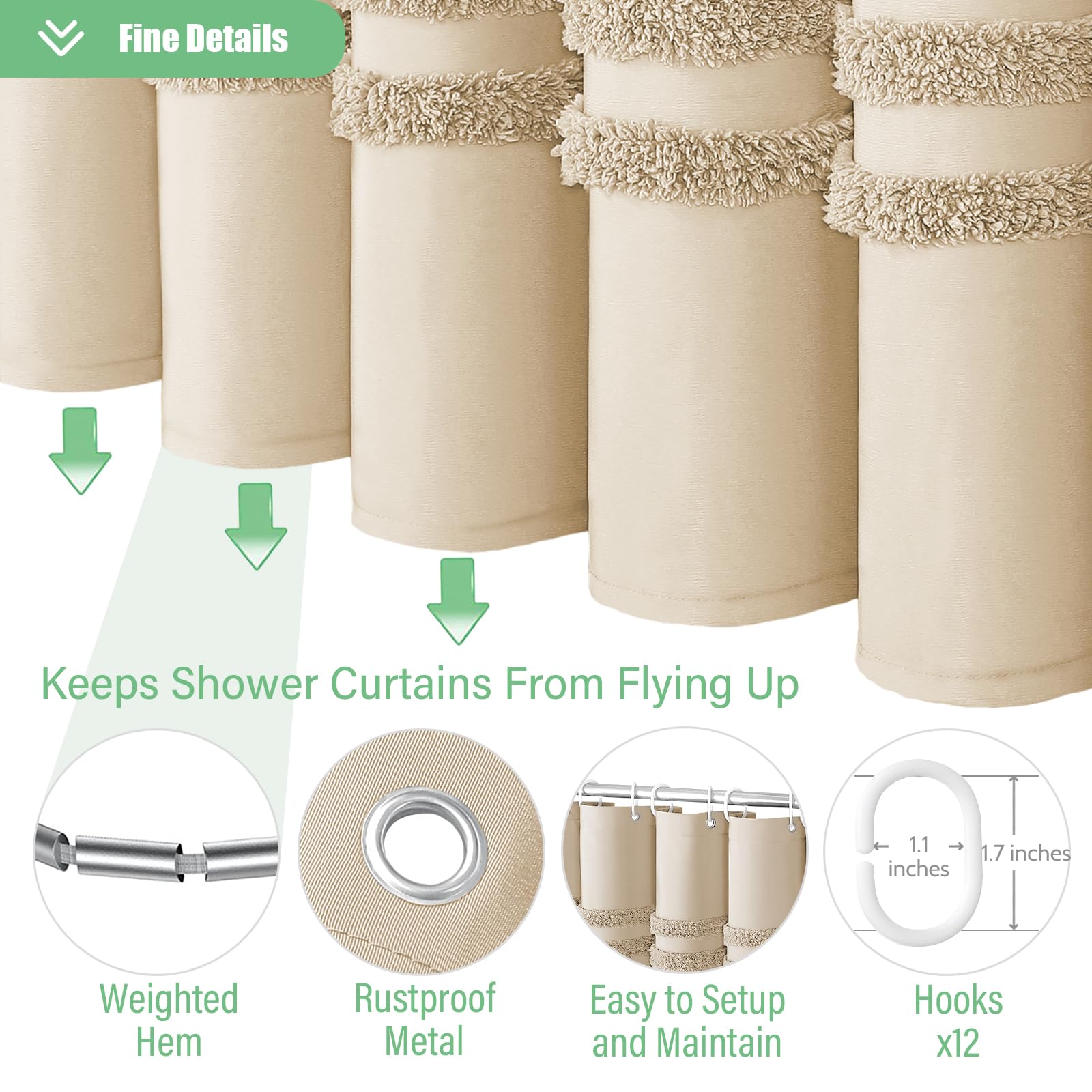 Dynamene Beige Fabric Shower Curtain, Tufted Chenille Striped Textured Cloth Shower Curtain For Bathroom, Modern Farmhouse Shabb