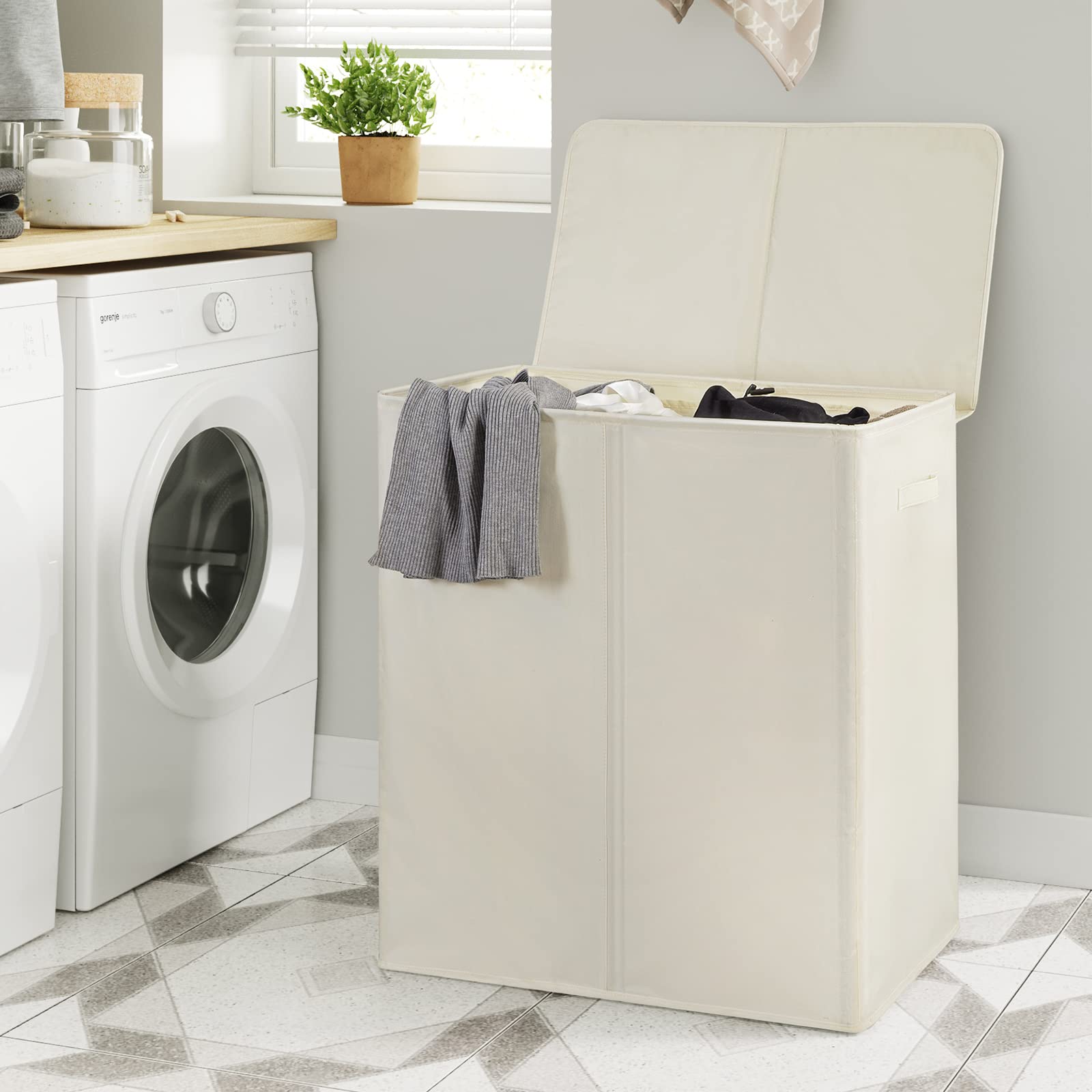 Wowlive 154L Double Laundry Hamper With Lid And Removable Laundry Bags, Large Dirty Clothes Hamper 2 Section Collapsible Laundry