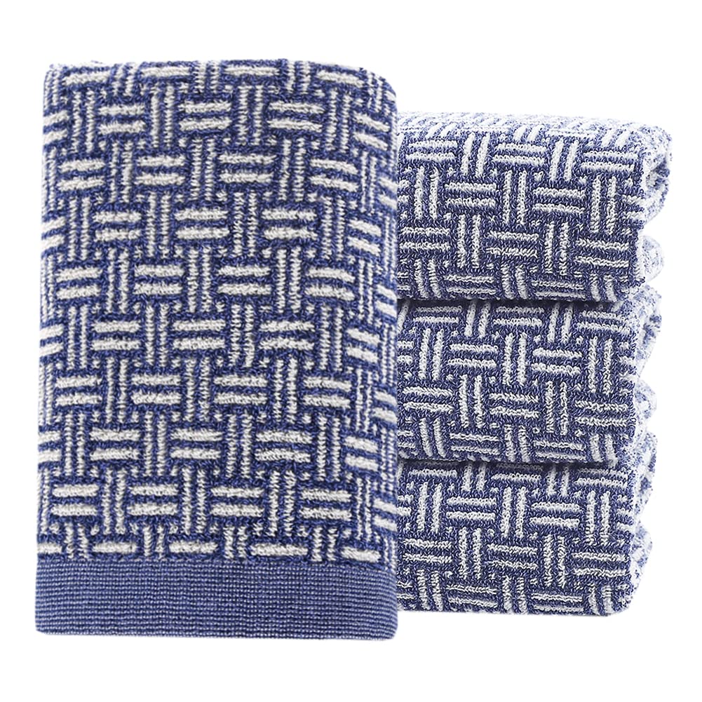 Pidada Hand Towels Set Of 4 Checkered Pattern 100% Cotton Absorbent Soft Decorative Towel For Bathroom 13.4 X 29.1 Inch (Blue)