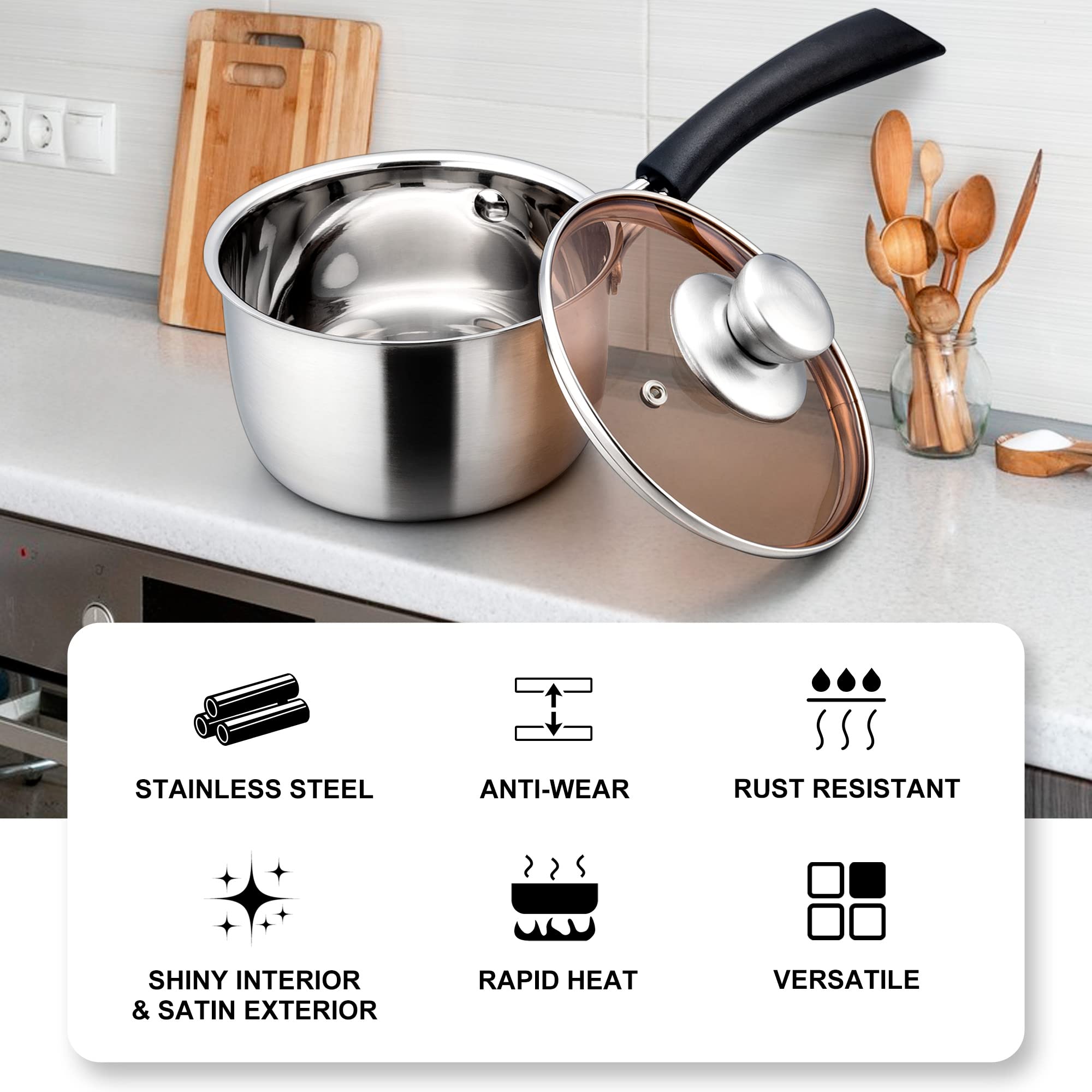 Lianyu 2Qt Saucepan With Lid, 2 Quart Stainless Steel Sauce Pan, Small Pot Soup Milk Pan For Home Kitchen Restaurant, Long Heatp