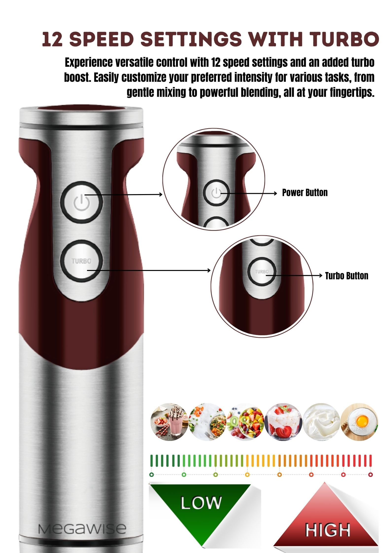 MegaWise Pro Titanium Reinforced 3-in-1 Immersion Hand Blender  Powerful MOTOR with 80% Sharper Blades  12-Speed Corded Blender  IncludingWhisk and Milk Frother (3-in 1 Red)