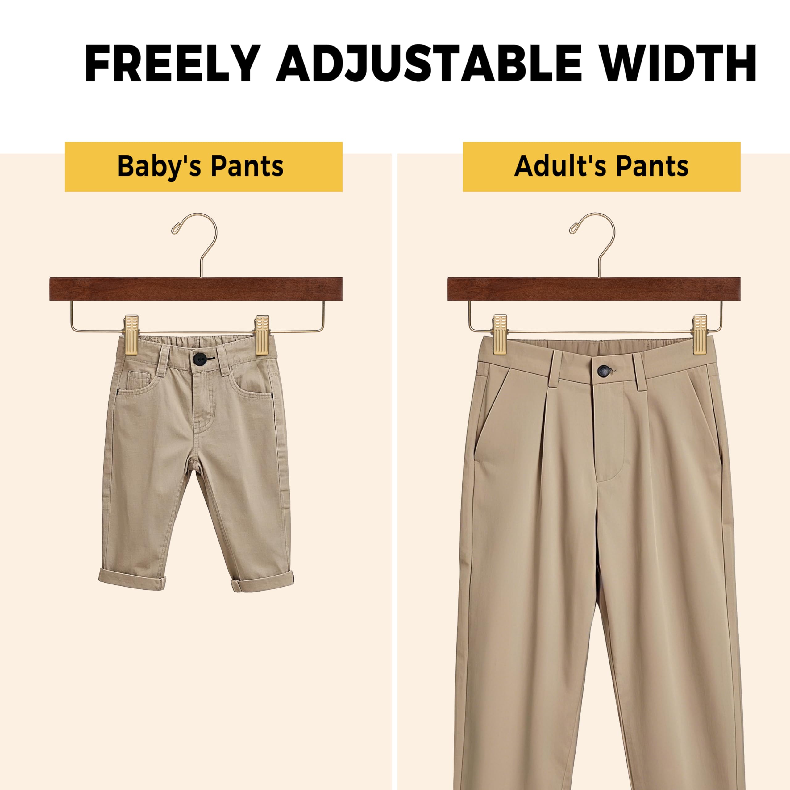 Quality Wooden Pants Hangers Skirt Hanger Jeans Hanger Bottom Hanger  Swivel Hook  Adjustable Clips (Walnut - Gold Hook  10)