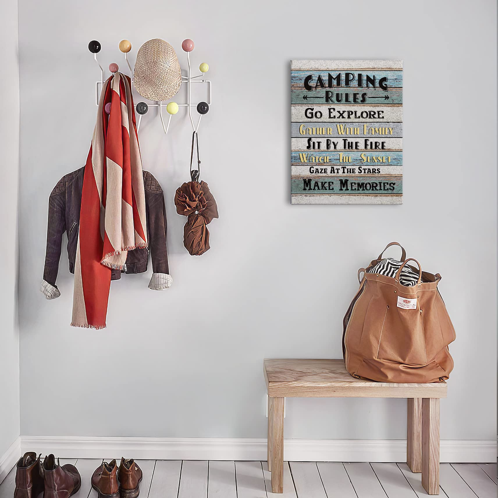 Phamte Funny Camping Rules Quote Wall Art, Farmhouse Rustic Camping Rules Camper Signs Print Framed Canvas Painting Artwork Rv H